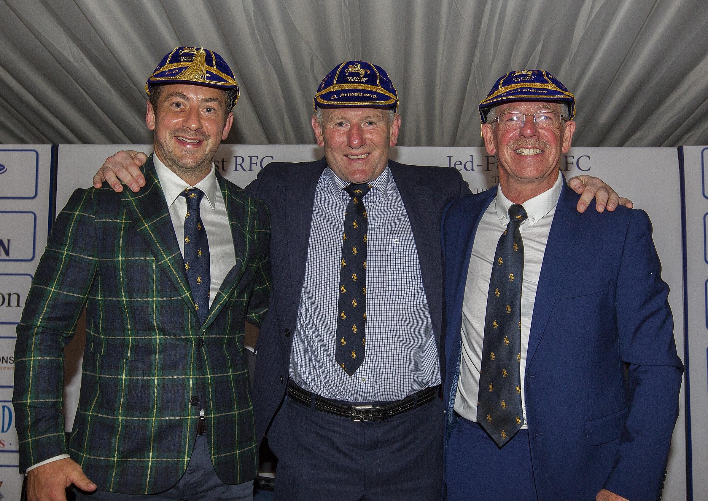 Greig Laidlaw, Gary Armstrong and Roy Laidlaw at Jedforest RFC's Three 9s dinner in August 2019.