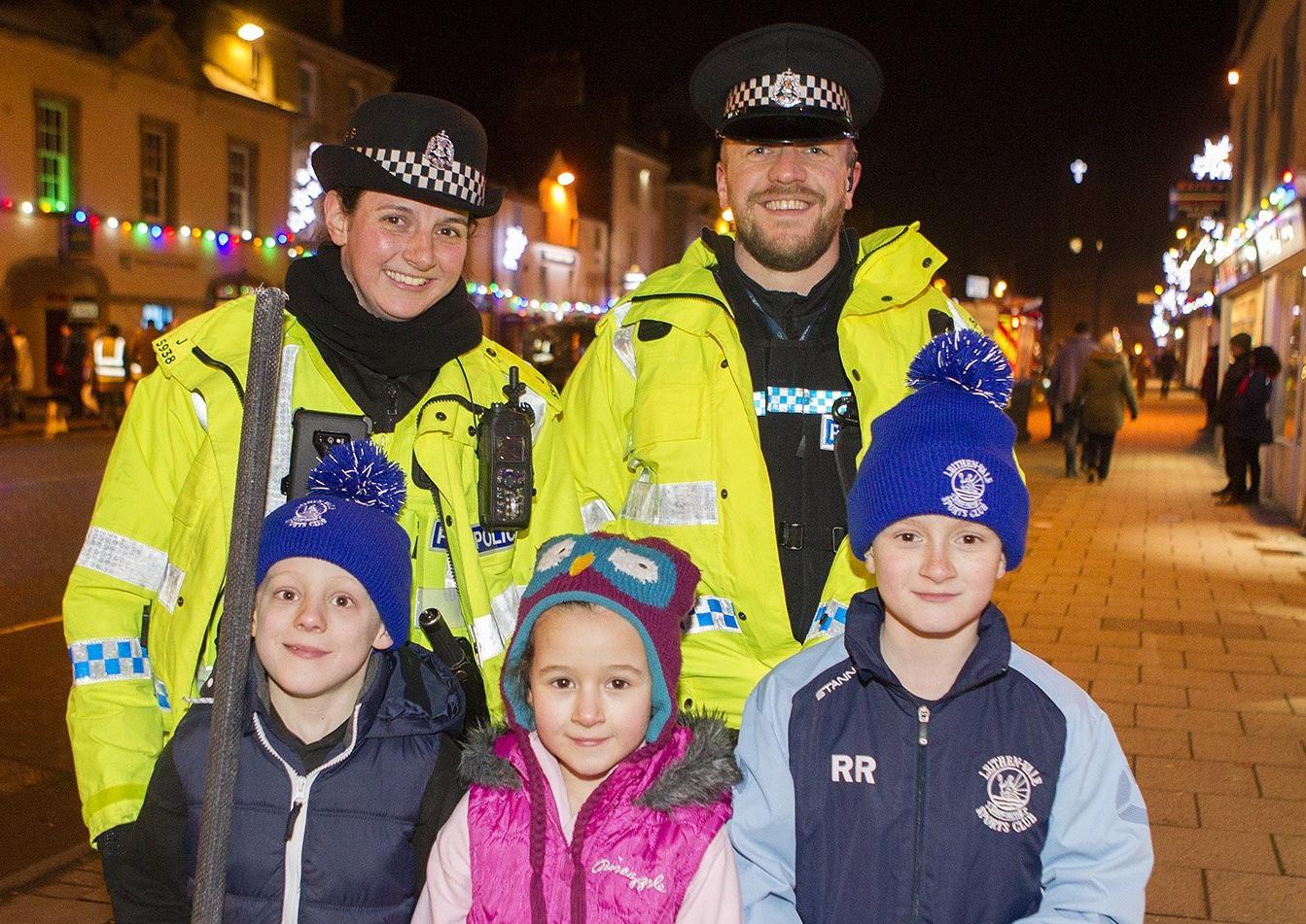 PC's Nicola Robb and Matthew Aitken from Peebles and Galashiels with, Ruairadh Robb, Cameron Hogarth and Caitlin Robb.