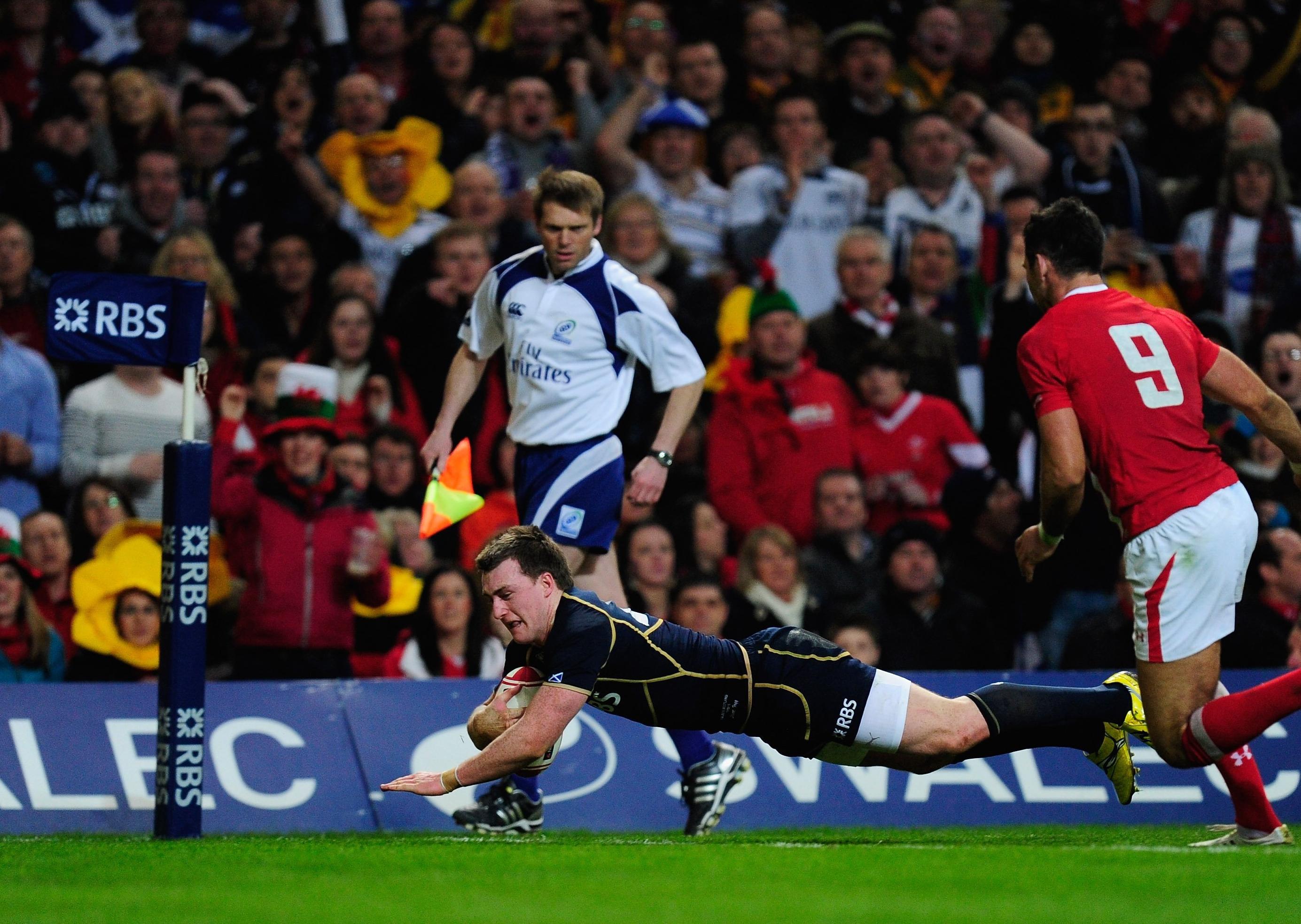 CARDIFF, WALES - FEBRUARY 12:  Scotland player Stuart Hogg dives over the line but the try is not given after after a knock during the RBS Six Nations game between Wales and Scotland at the  Millennium Stadium on February 12, 2012 in Cardiff, Wales.  (Photo by Stu Forster/Getty Images)