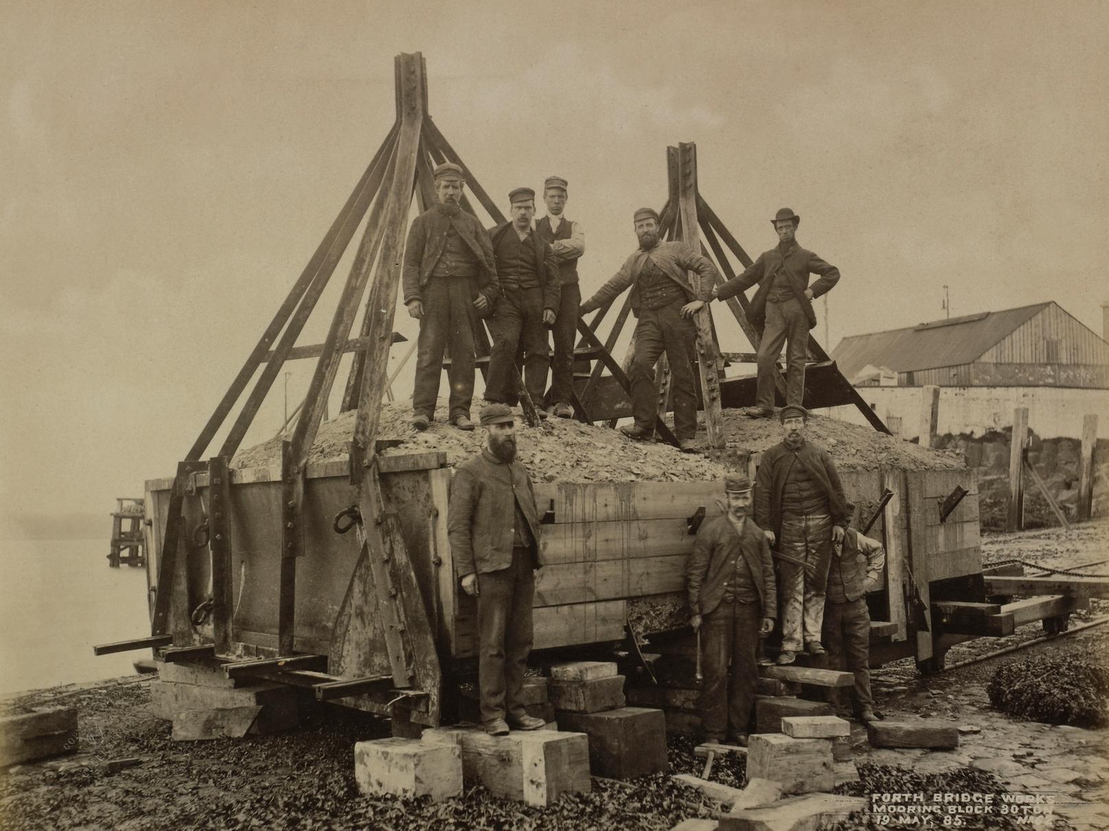 The sea was for centuries the highway of Scotland but advances in engineering brought new alternatives. These men are pictured with mooring blocks for the Forth Bridge in 1885.