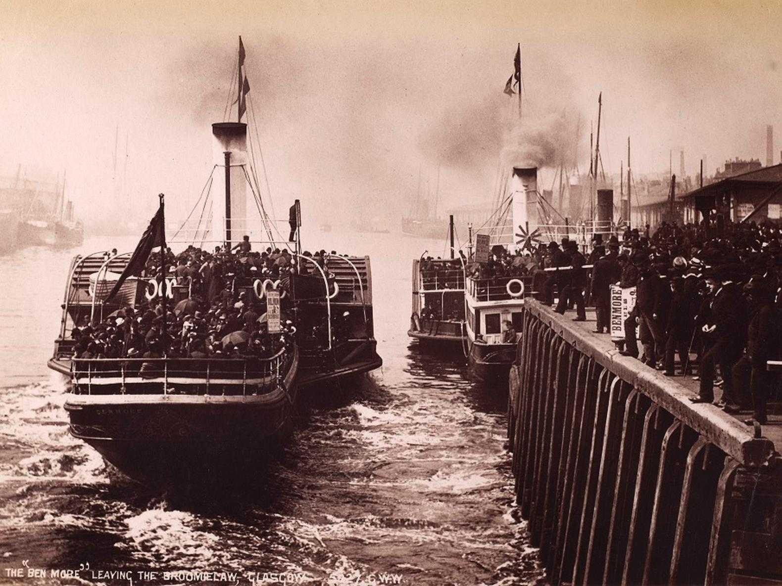 The seas were once crucial communication lines and the scene for many a battle, but later they became a source of pleasure for many, including these people boarding paddle steamers at Broomielaw for a trip down the Forth of Clyde.