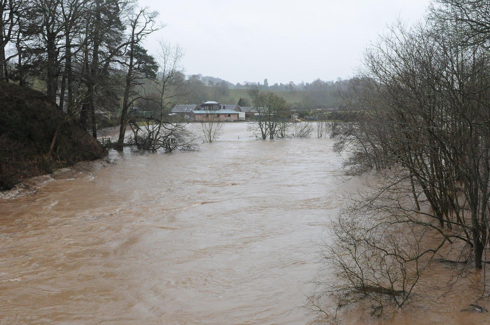 The Ettrick Water bursting its banks at Lindean.