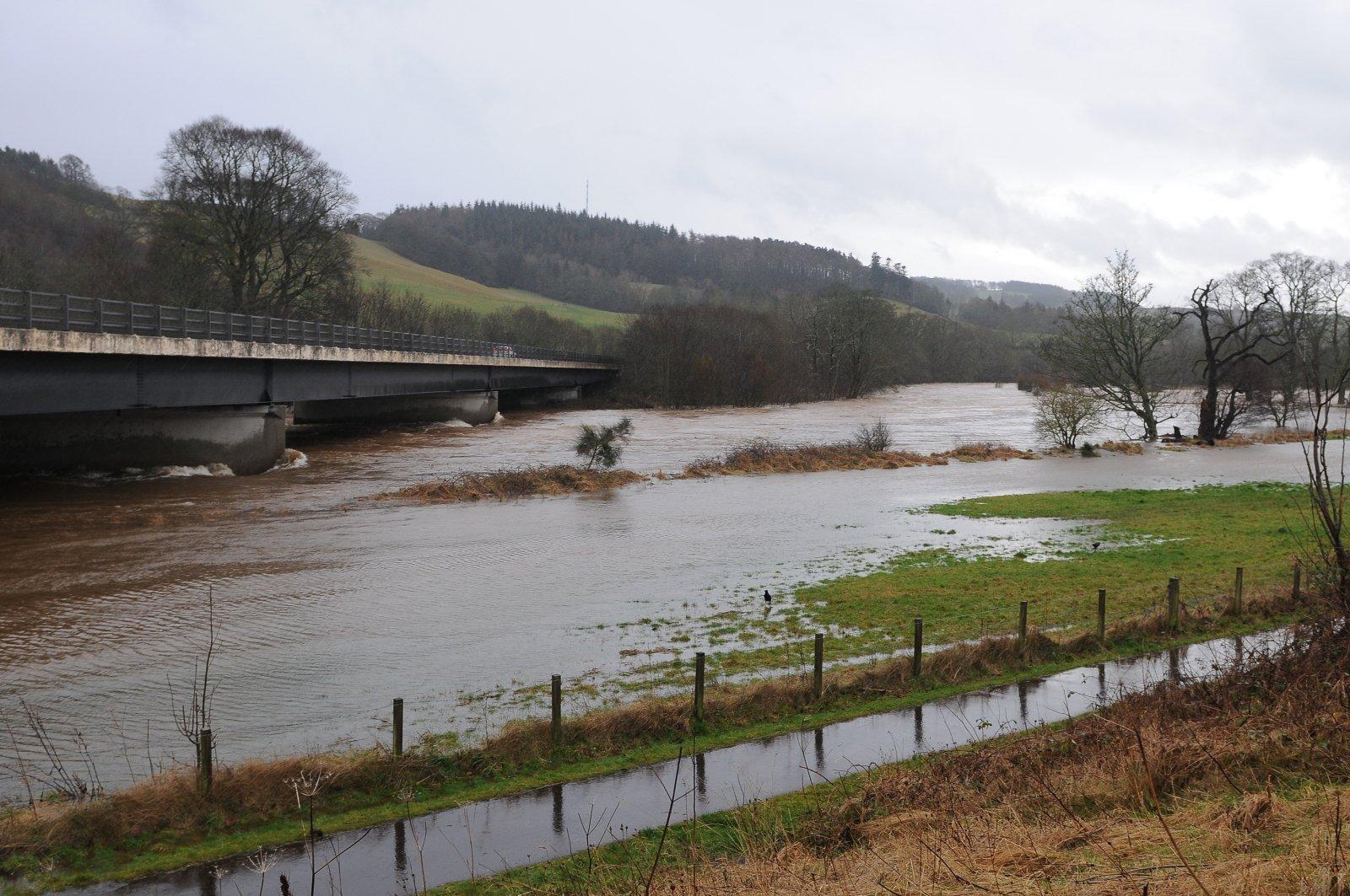Flooding at the convergence of the River Tweed and Ettrick Water between Selkirk and Galashiels.