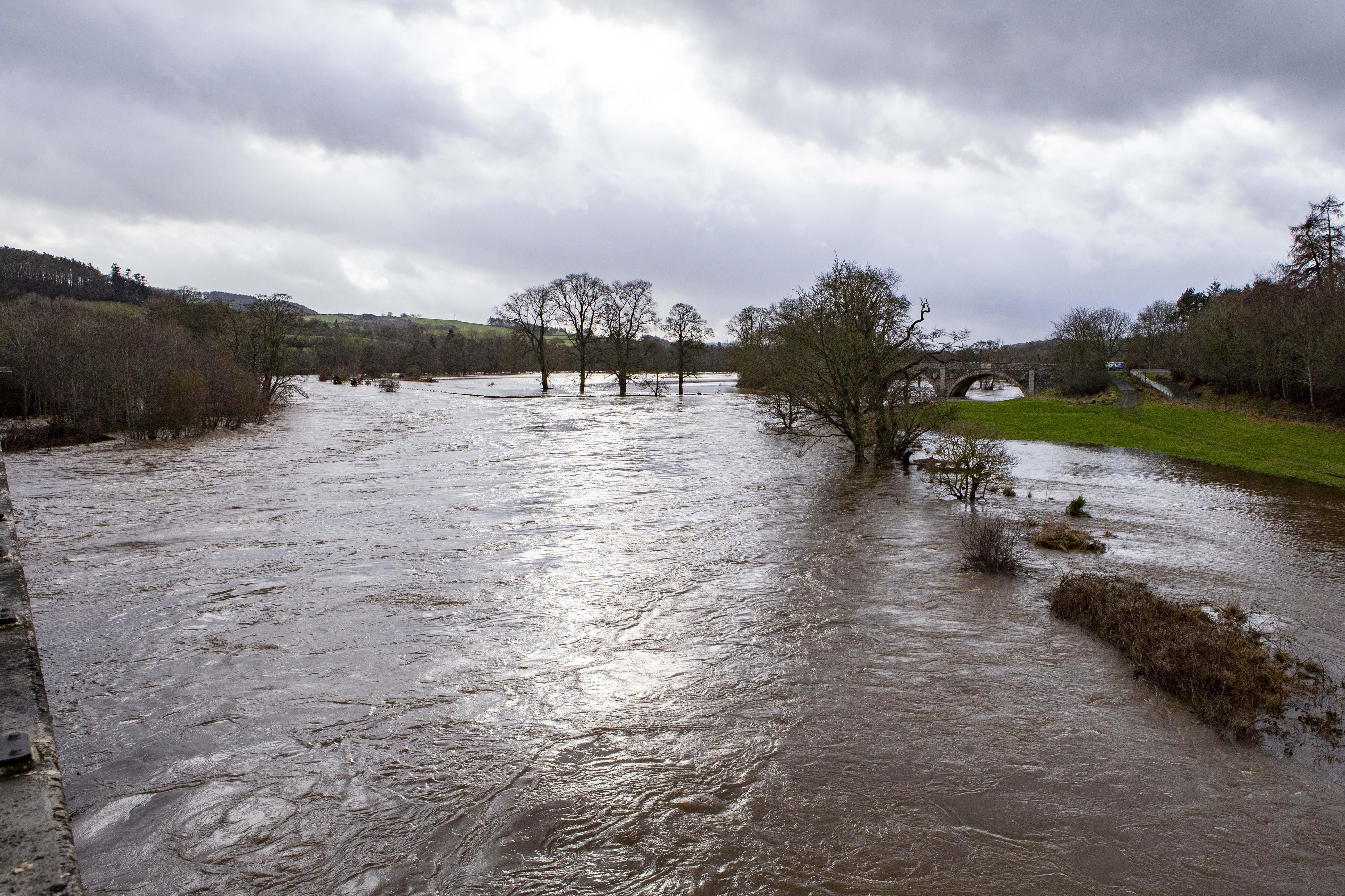 Flooding at the A7 Lindean bridge near Selkirk.