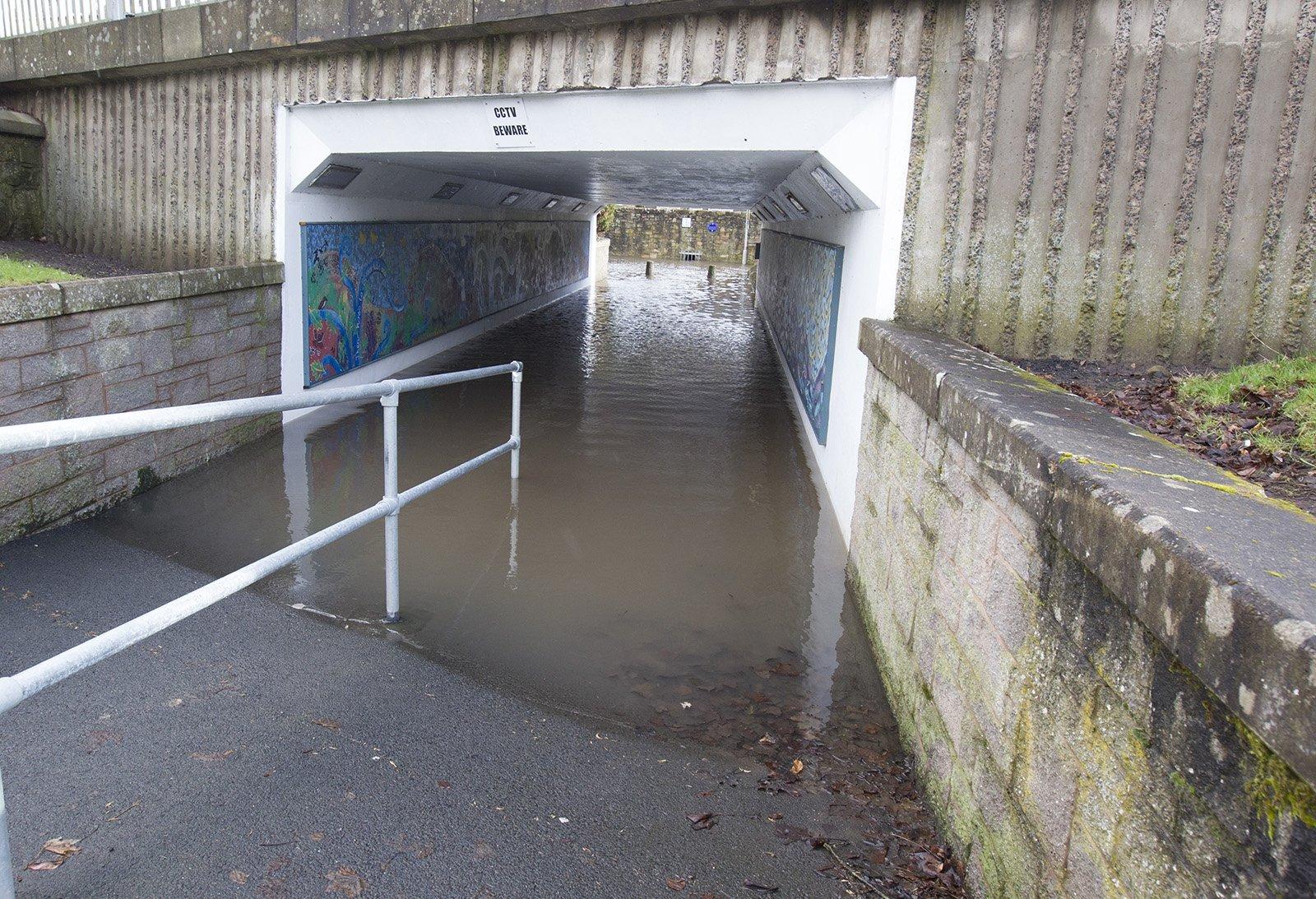 A flooded underpass at Jedburgh.