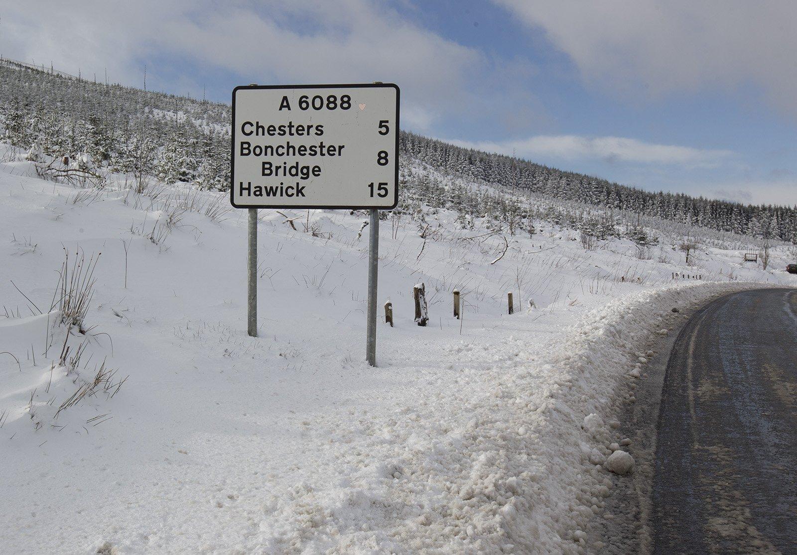 Snow at the A6088 turn-off from the A68 at Carter Bar.