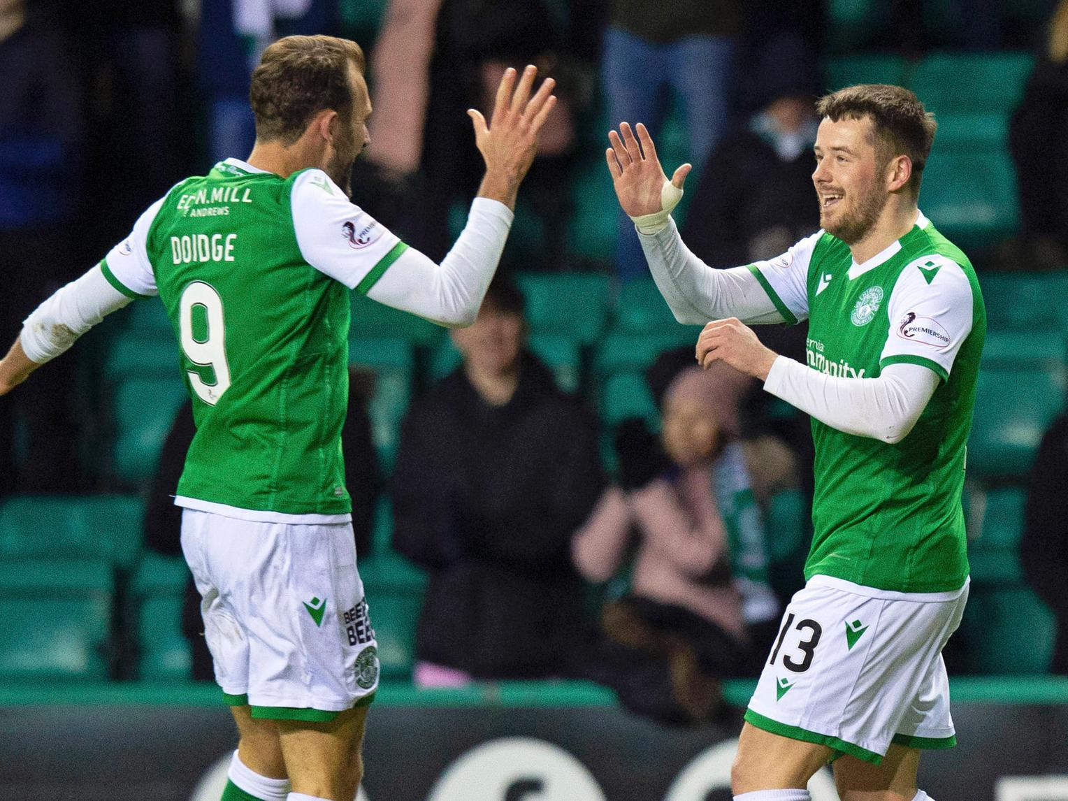 Christian Doidge and Marc McNulty celebrate after the latter opened the scoring for Hibs. Picture: SNS