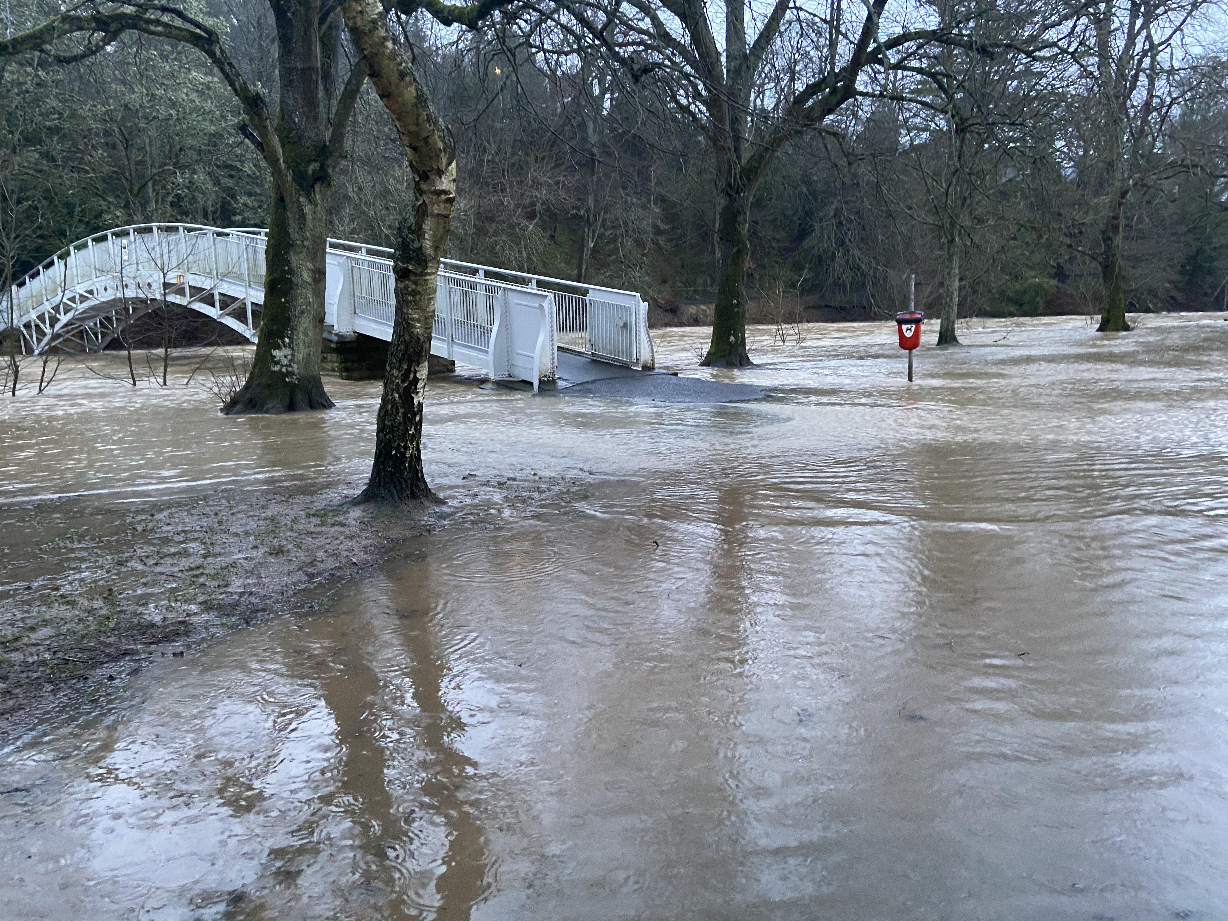 Hawick's Wilton Lodge Park under water yesterday.