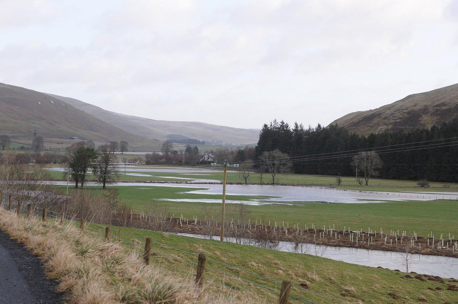 Flooded fields at Cacraside in the Ettrick Valley.