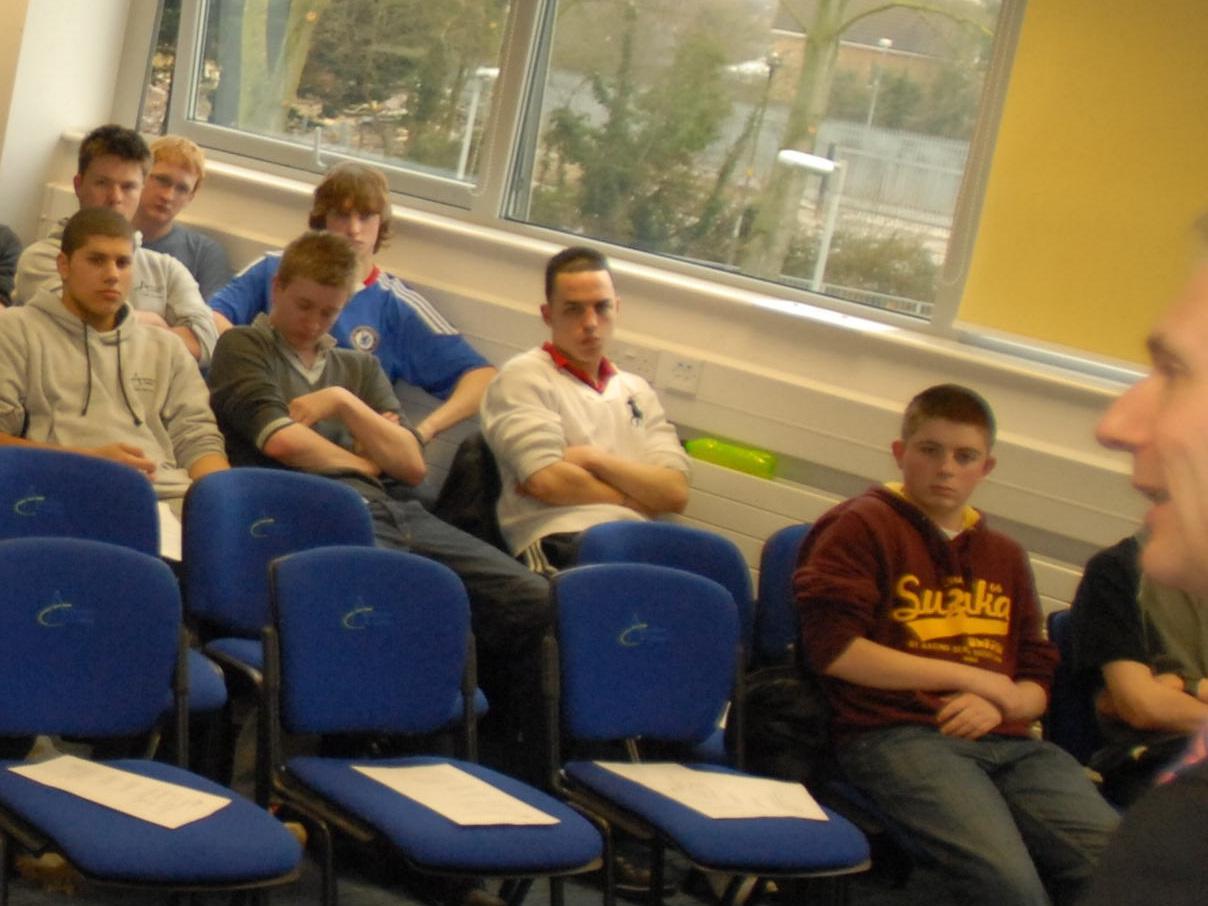 Speaking to teenagers at Aylesbury College in 2011