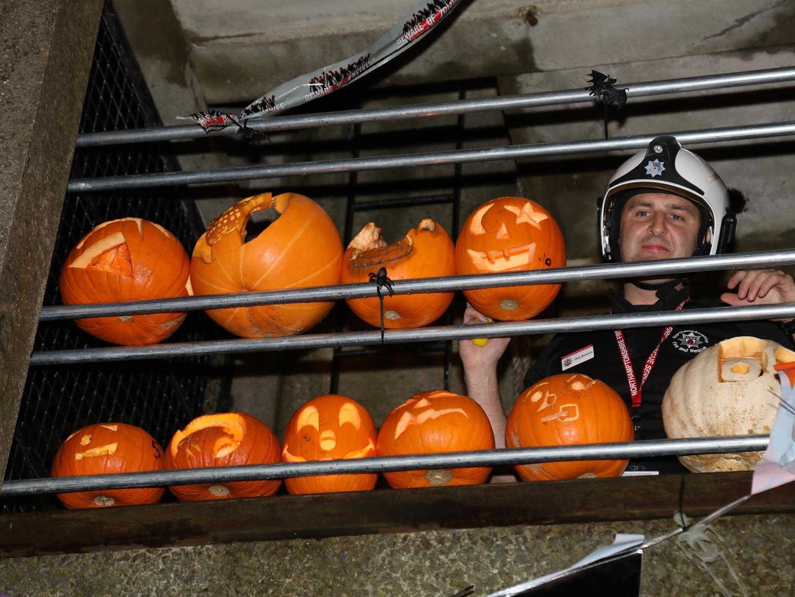 The pumpkins were taken up the drill tower at the towns retained fire station.