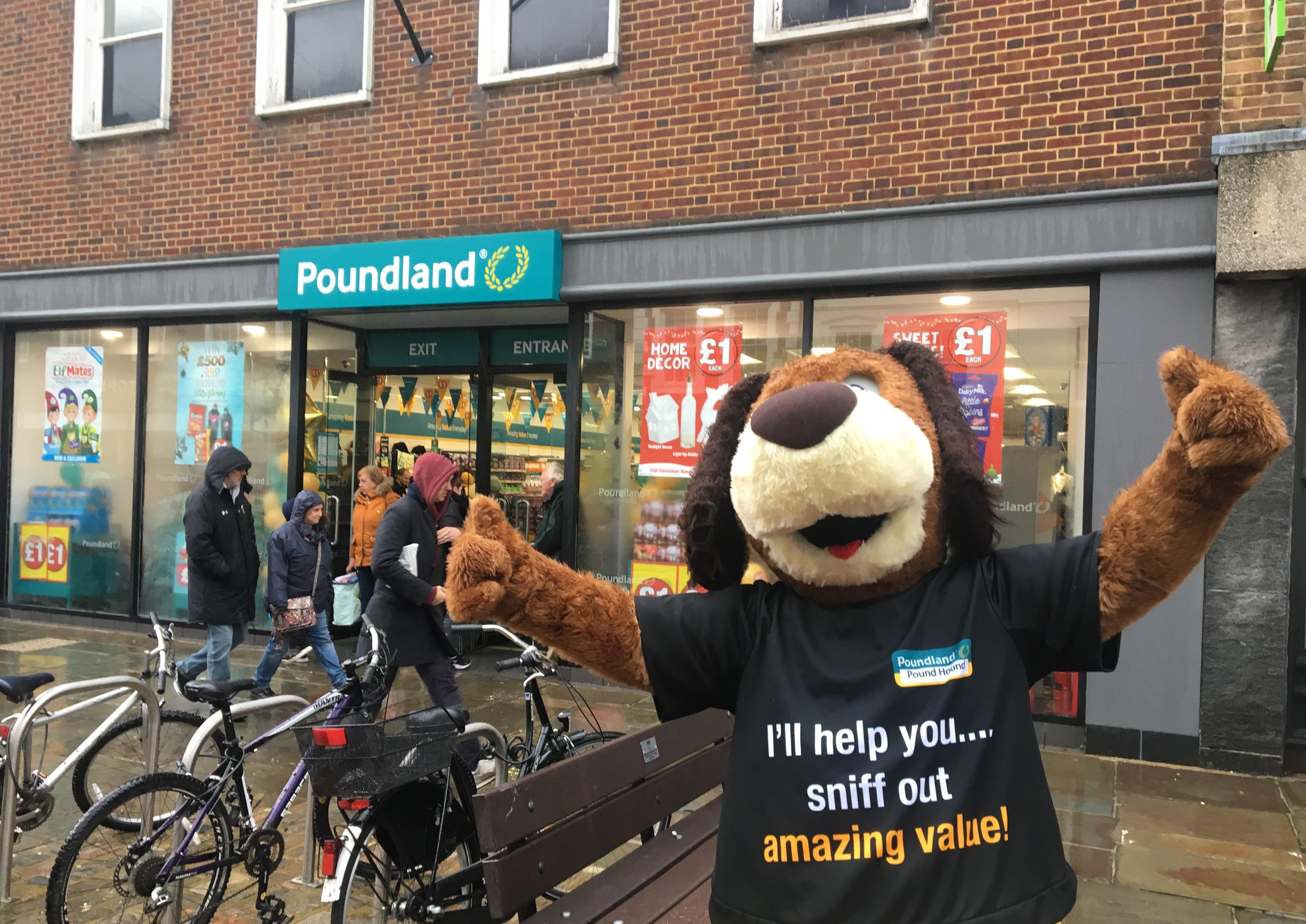 Poundland mascot Pound hound outside the new store in East Street Chichester