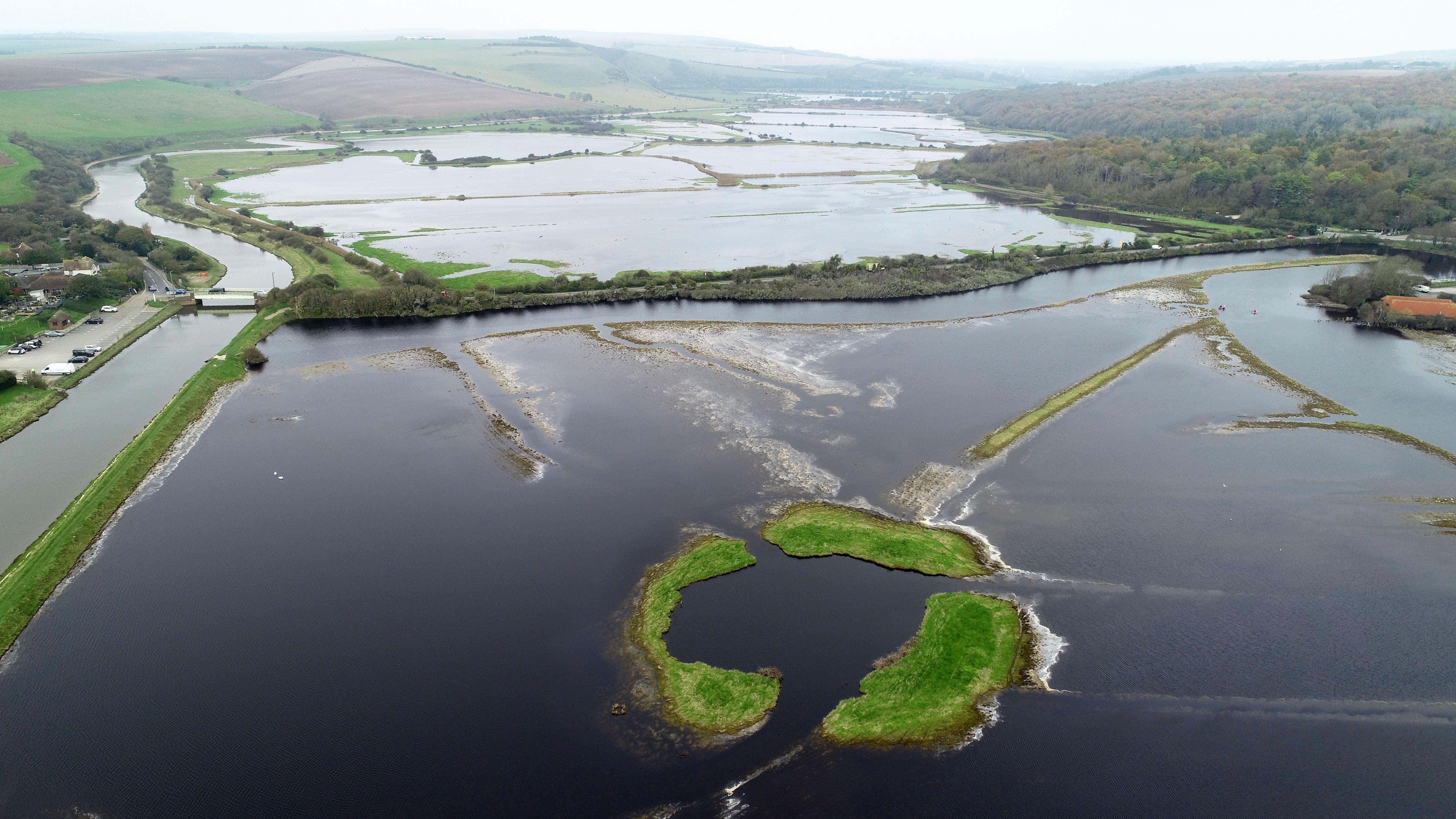 A bird's eye view of the Cuckmere River flooding looking north to Exceat Bridge, by Eddie Mitchell
