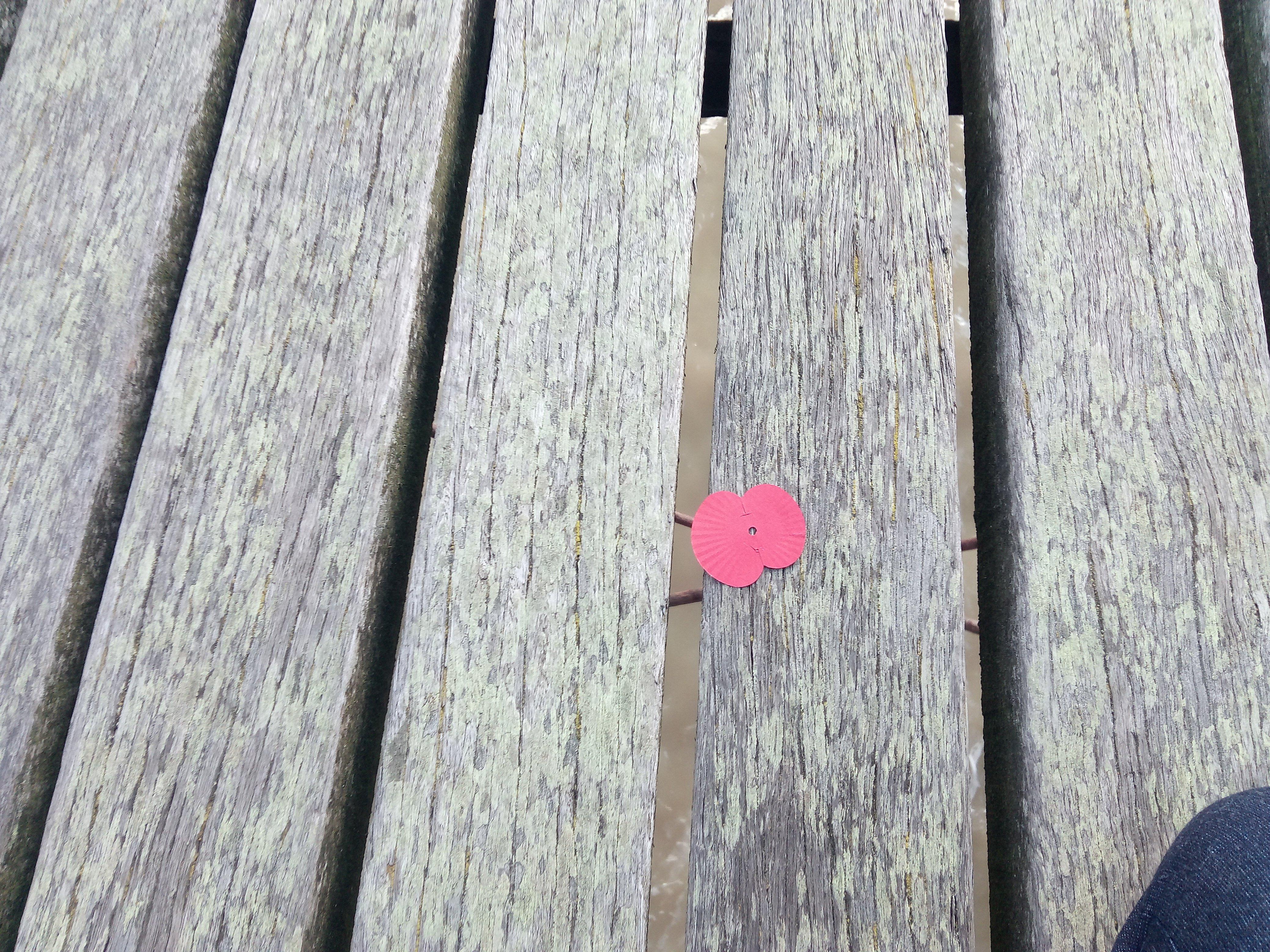 A paper poppy on the pier after the Chinook fly over