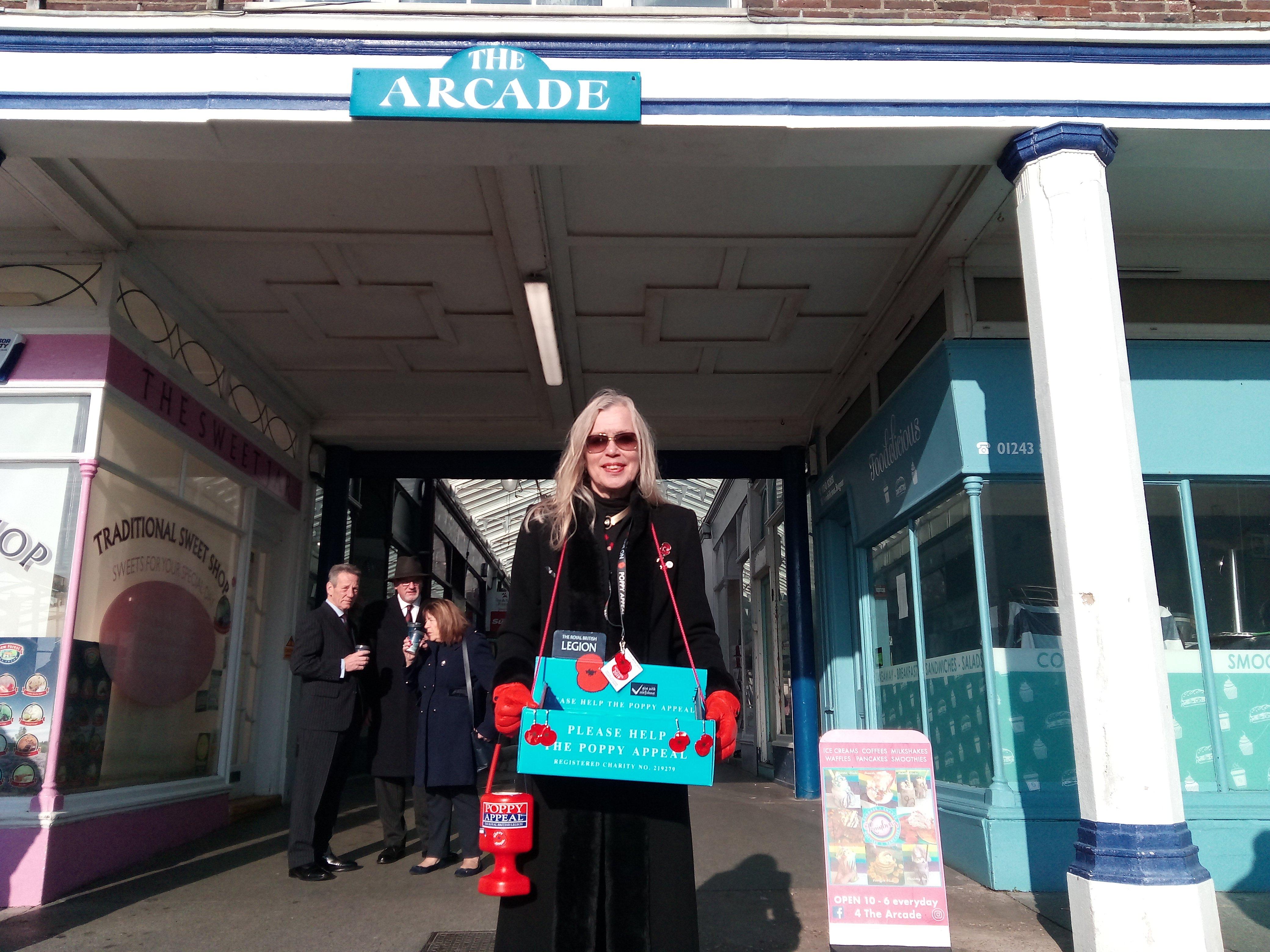 Cornelia Southerton-Jonssen collecting for the poppy appeal during the parade