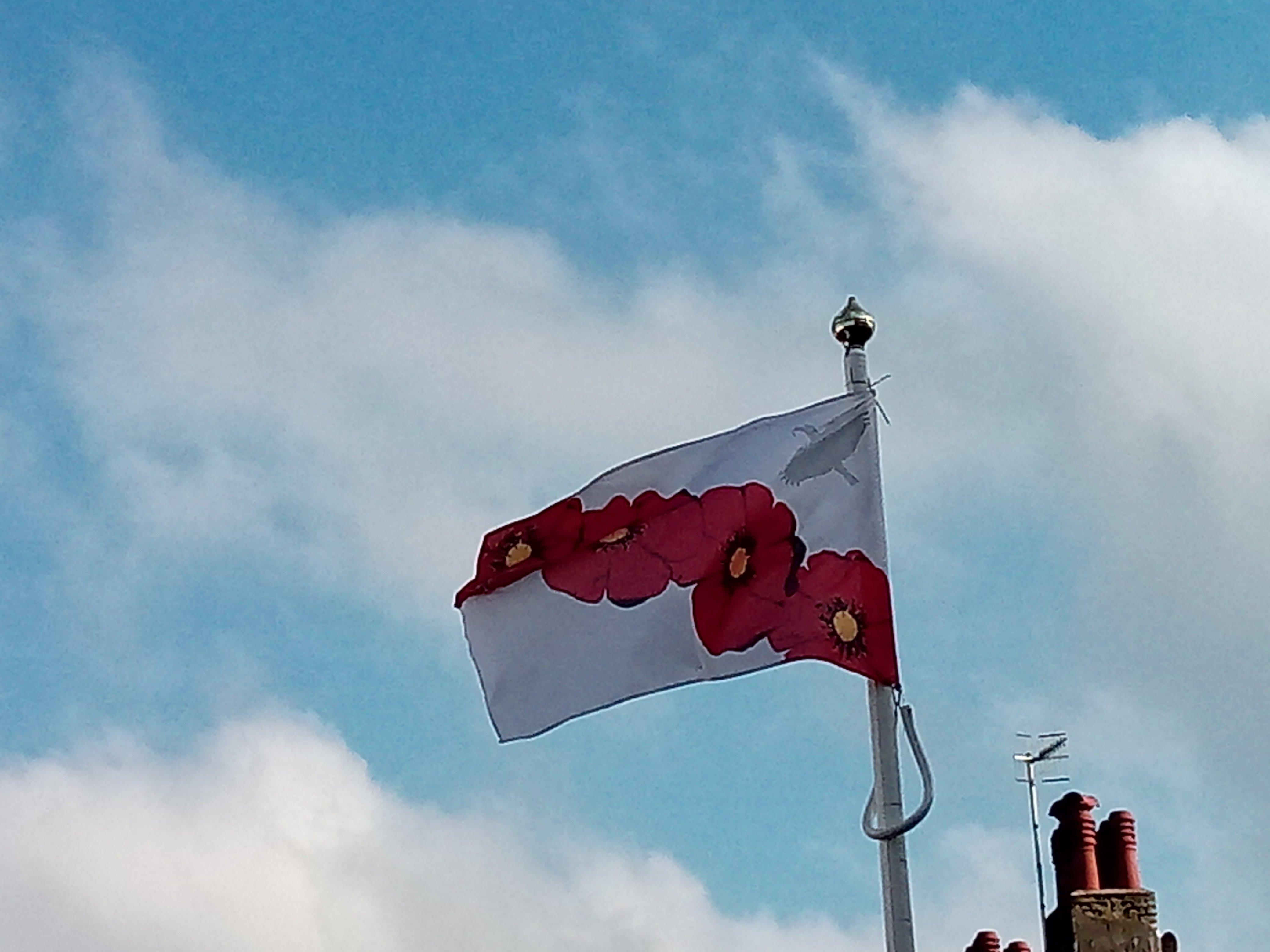 A poppy flag flying high outside town hall