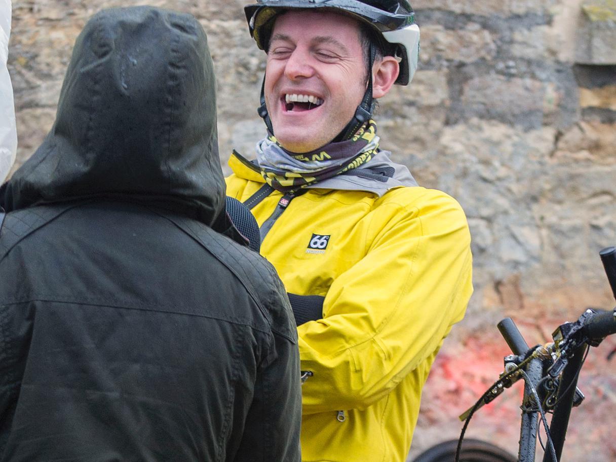 Despite the terrible weather and their gruelling journey, Matt Baker was laughing during their break in Weekley