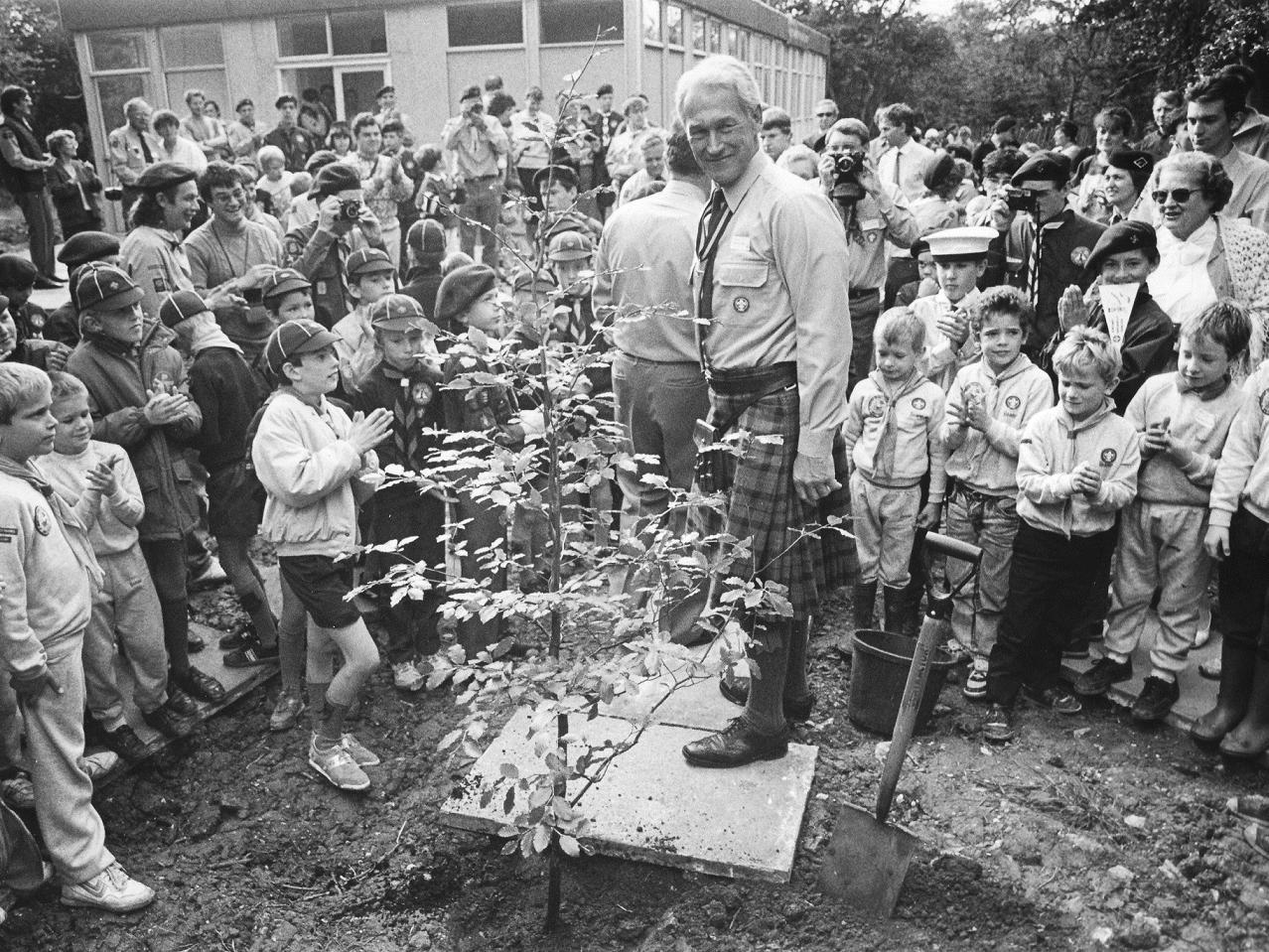 Garth Morrison planting a tree at the opening of Cosgrove Quarries on August 30th 1988