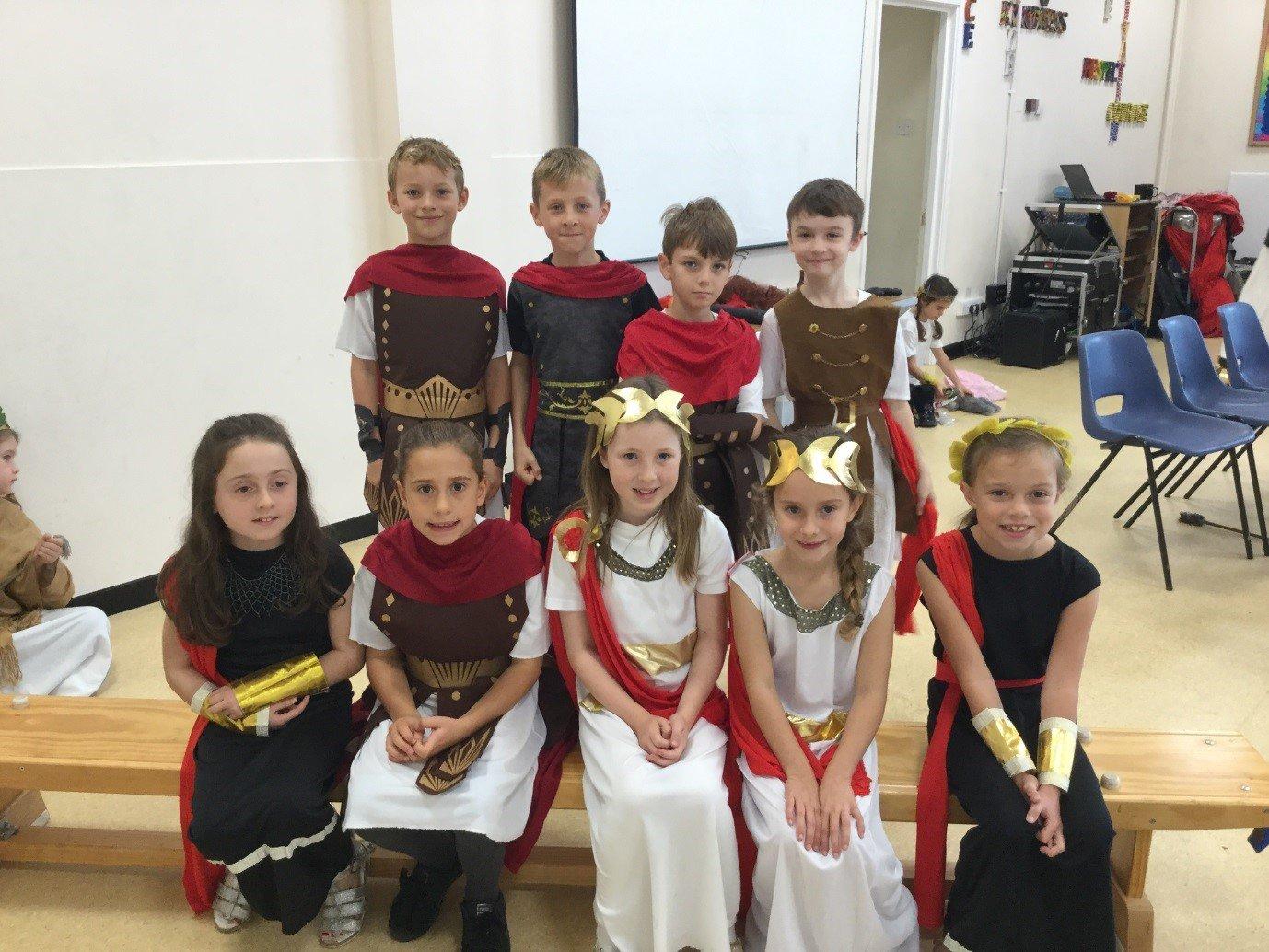 Children in years three and four at Upper Beeding Primary School dressed as Romans for the day and watched a performance by Rainbow Theatre
