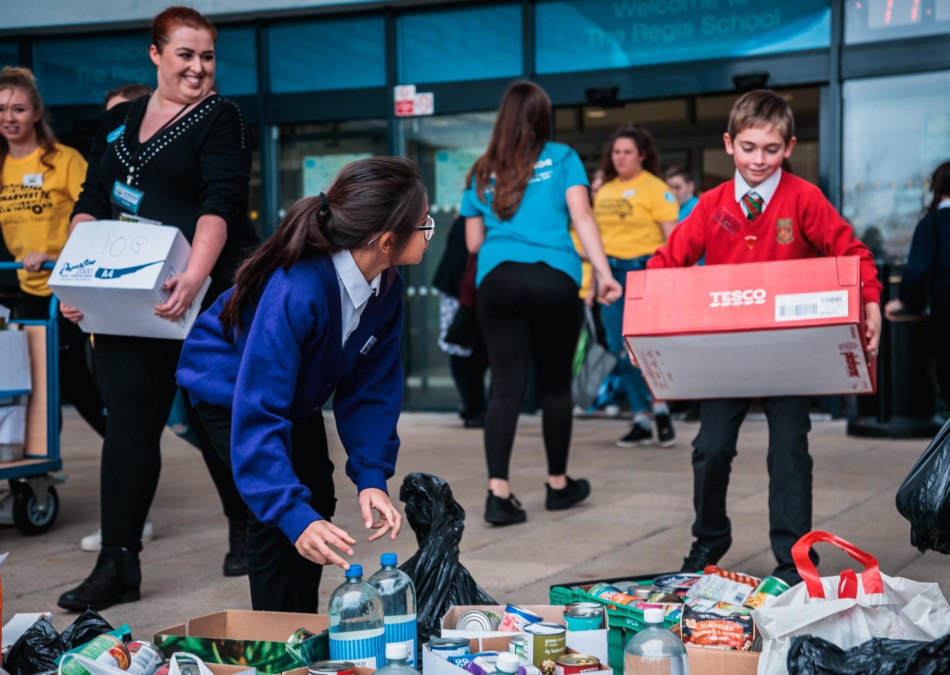 Students sorting the food donations