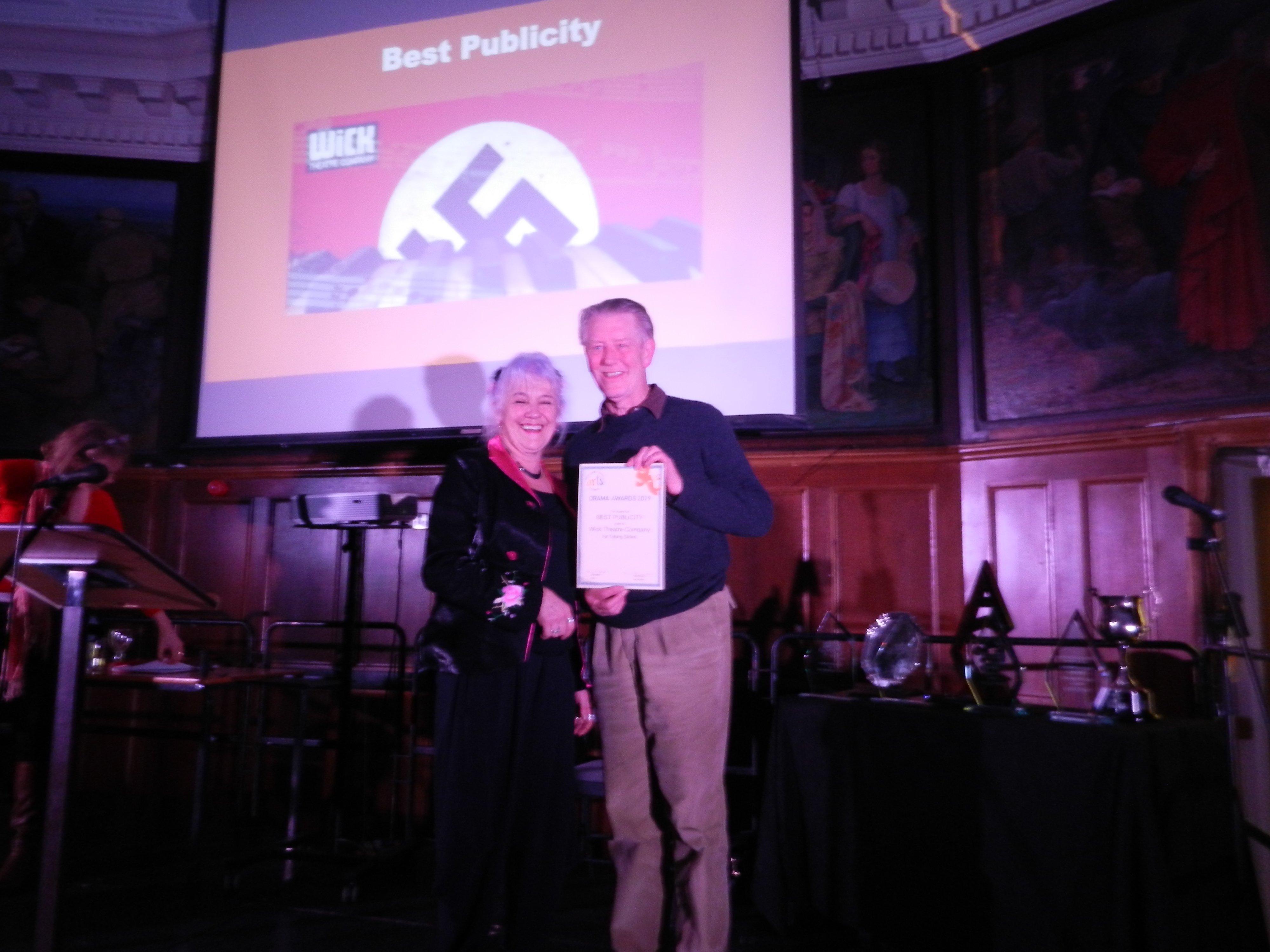 Peter Joyce accepts the award for best publicity for Wick Theatre Company's Taking Sides