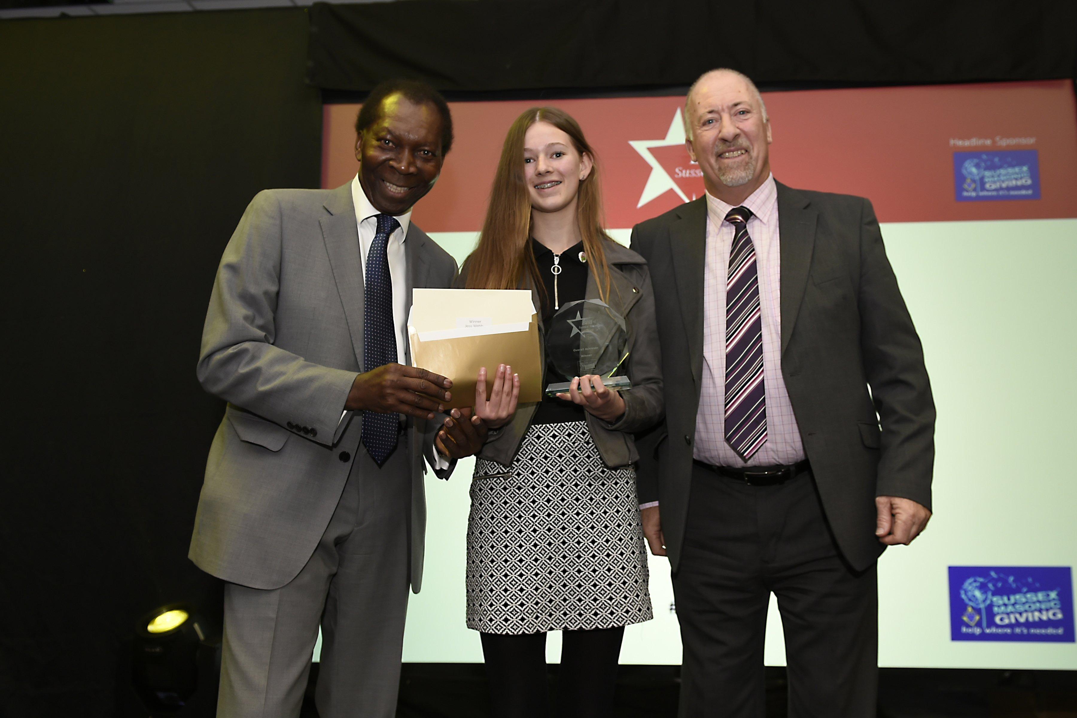Jess Webb winner of the Overall Achiever award with Ambrose Harcourt (left) and Mike Harris from the Sussex Masonic Foundation (sponsors).   Picture: Liz Pearce. 

LP192079