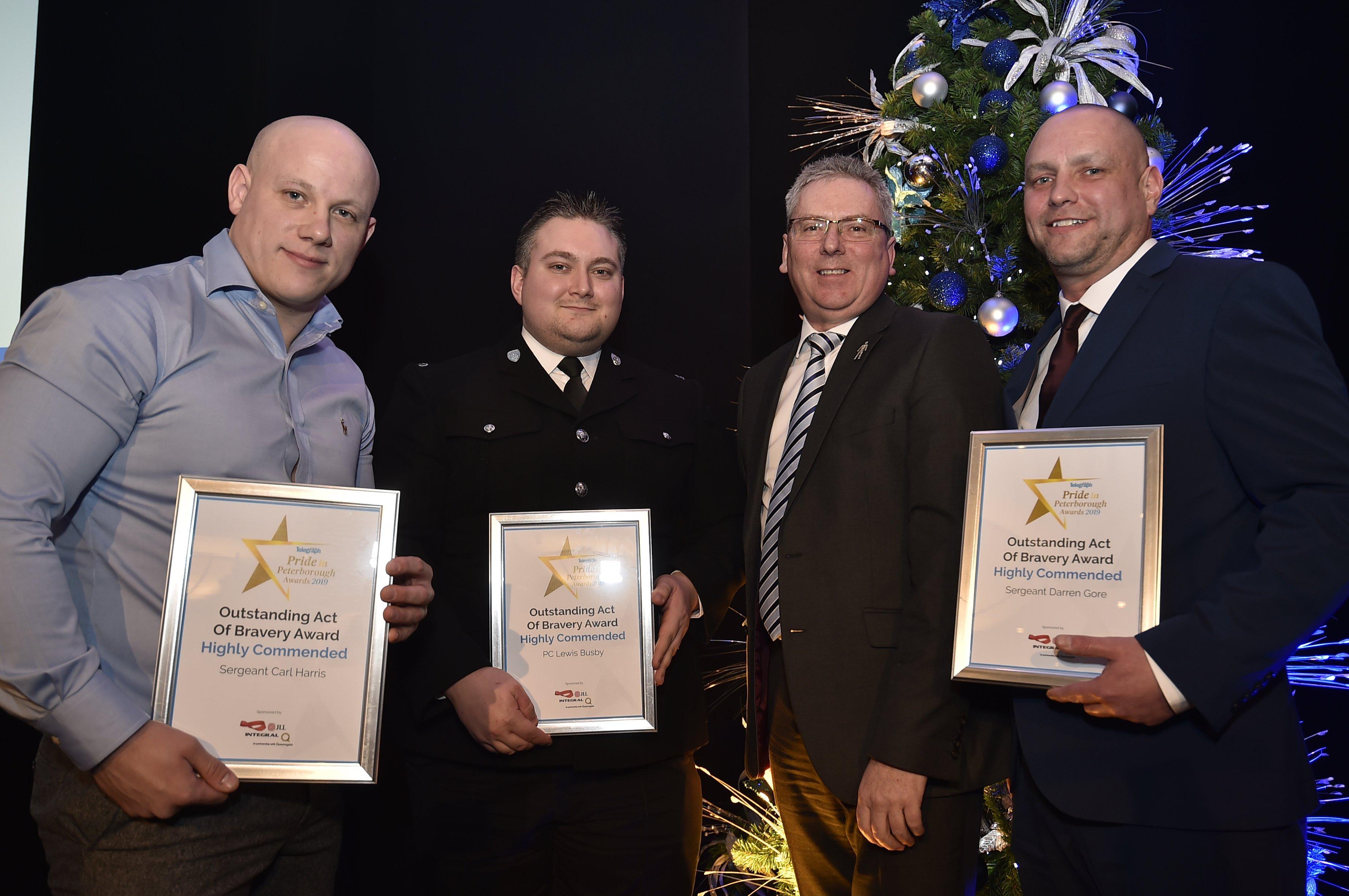 Peterborough Telegraph Pride in Peterborough Awards 2019.   Outstanding Act of Bravery award runner-up Sgt Carl Harris, PC Lewis Busby and Sgt Darren Gore with sponsor Mark Broadhead EMN-191012-002359009