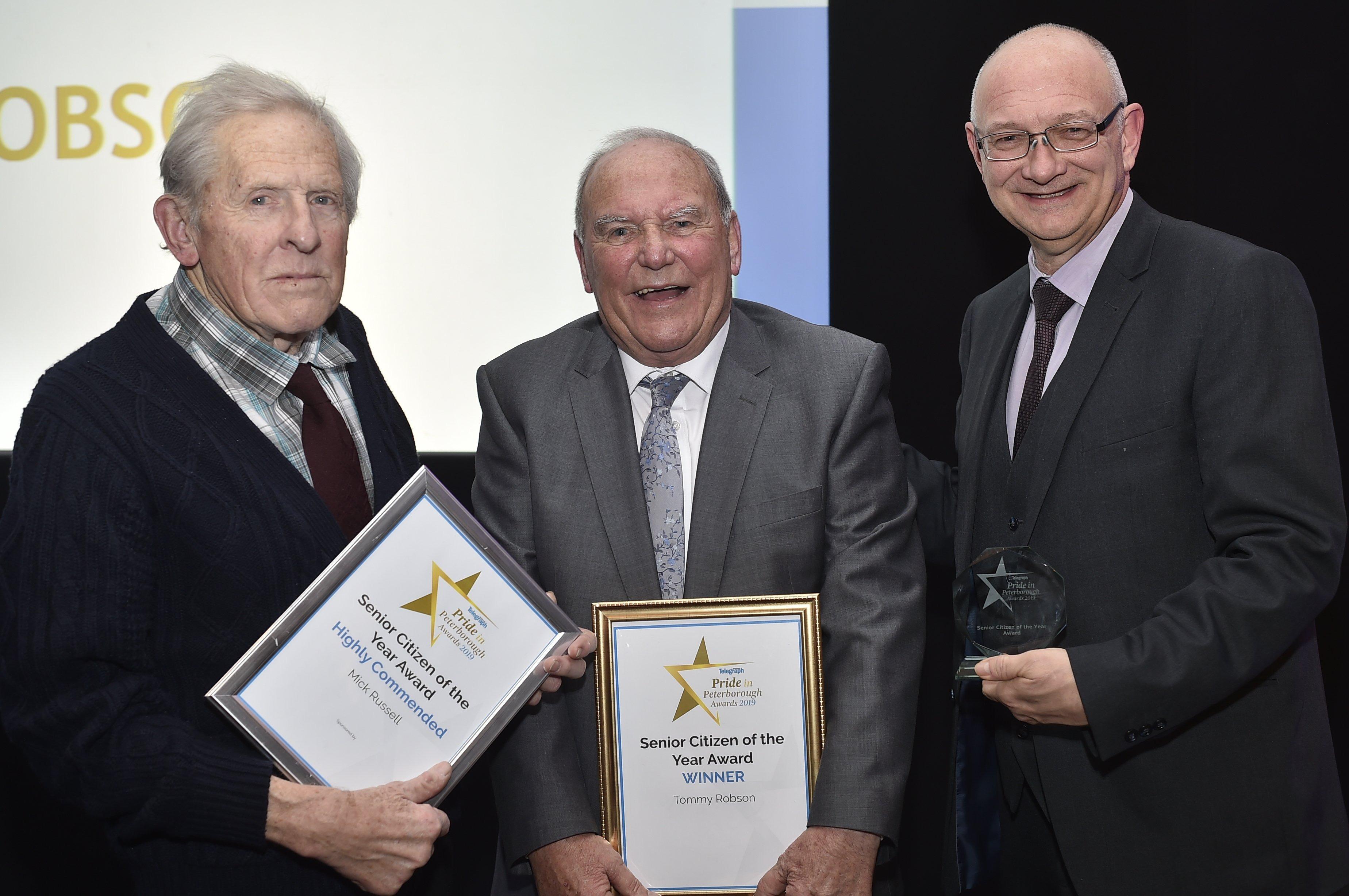 Peterborough Telegraph Pride in Peterborough Awards 2019.    Senior Citizen of the Year award  runner-up Mick Russell with winner Tommy Robson and  Mark Edwards EMN-191012-002425009
