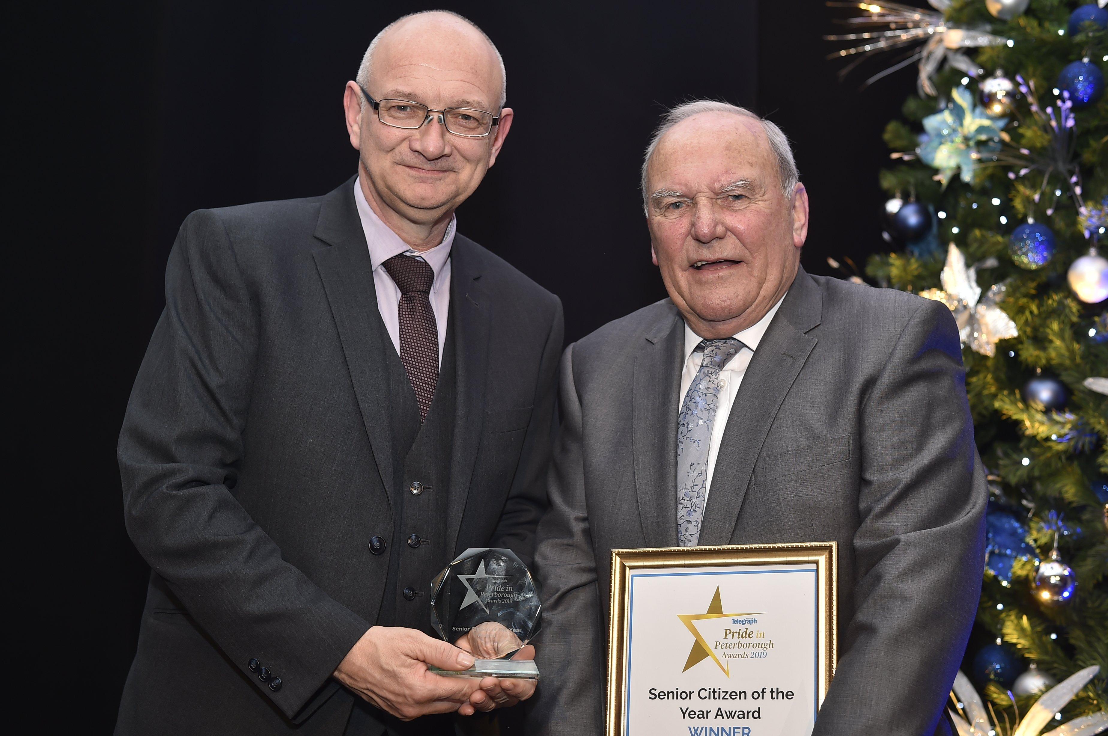 Peterborough Telegraph Pride in Peterborough Awards 2019.    Senior Citizen of the Year award winner Tommy Robson with Mark Edwards EMN-191012-002412009