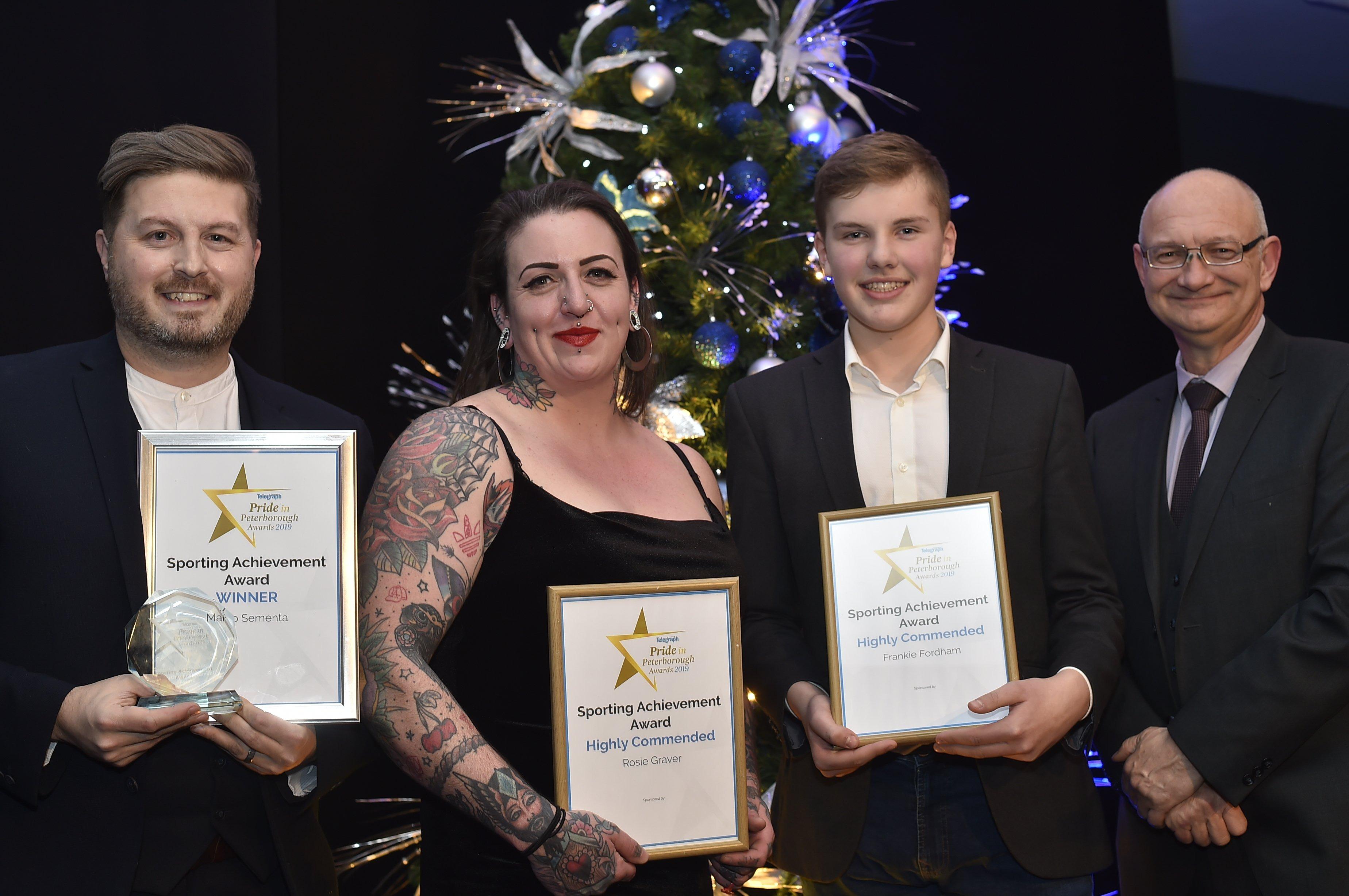 Peterborough Telegraph Pride in Peterborough Awards 2019.   Sporting Achievement Award winner  Marco Sementa with Mark Edwards with runners-up Rosie Graver and  Frankie Fordham EMN-191012-002447009