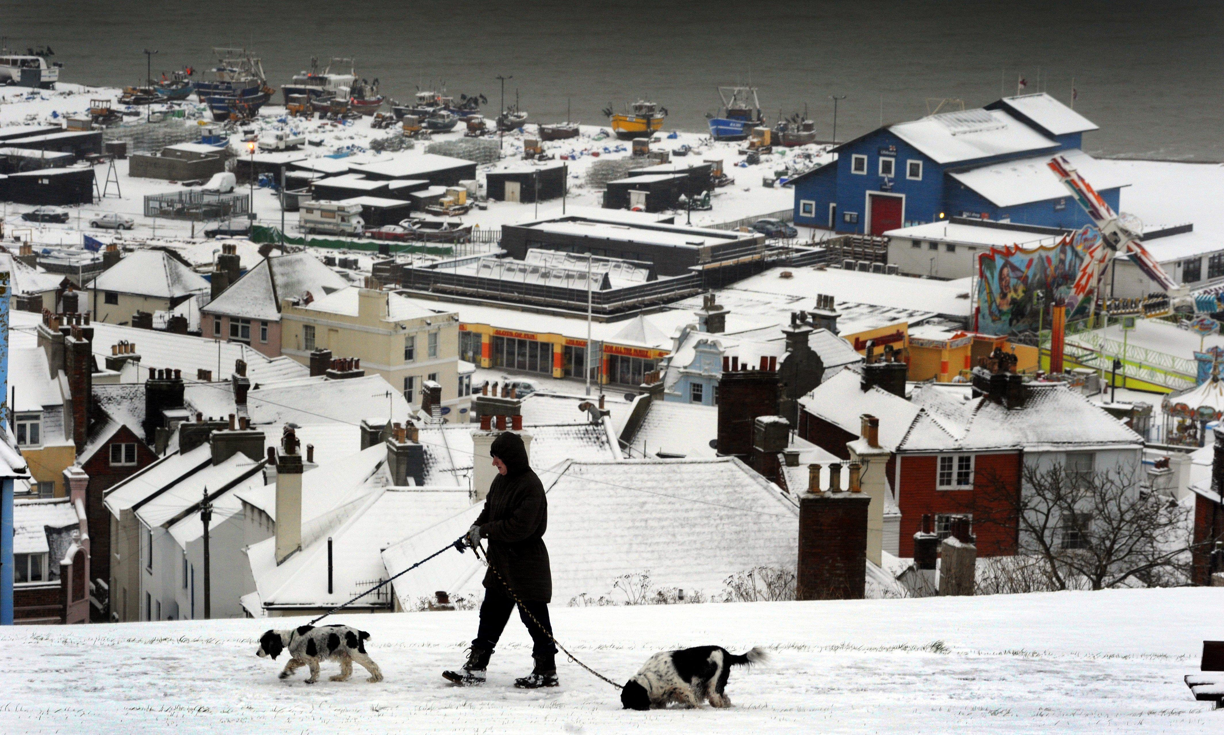 Hastings covered in snow in December 2010, from West Hill
