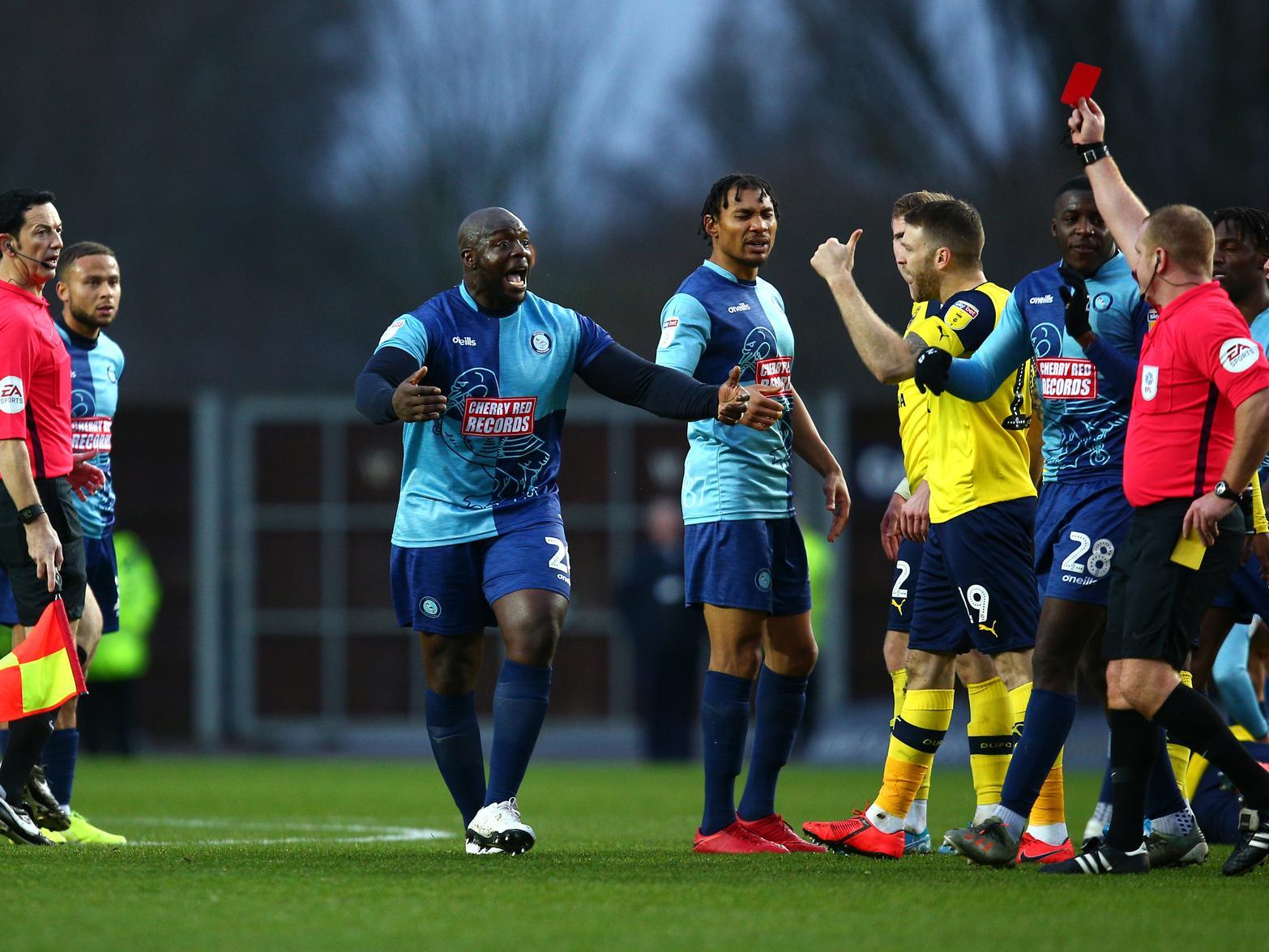 Sent off in the 26th minute as Wycome Wanderers suffered a shock 1-0 loss to Oxford United at the Kassam Stadium.