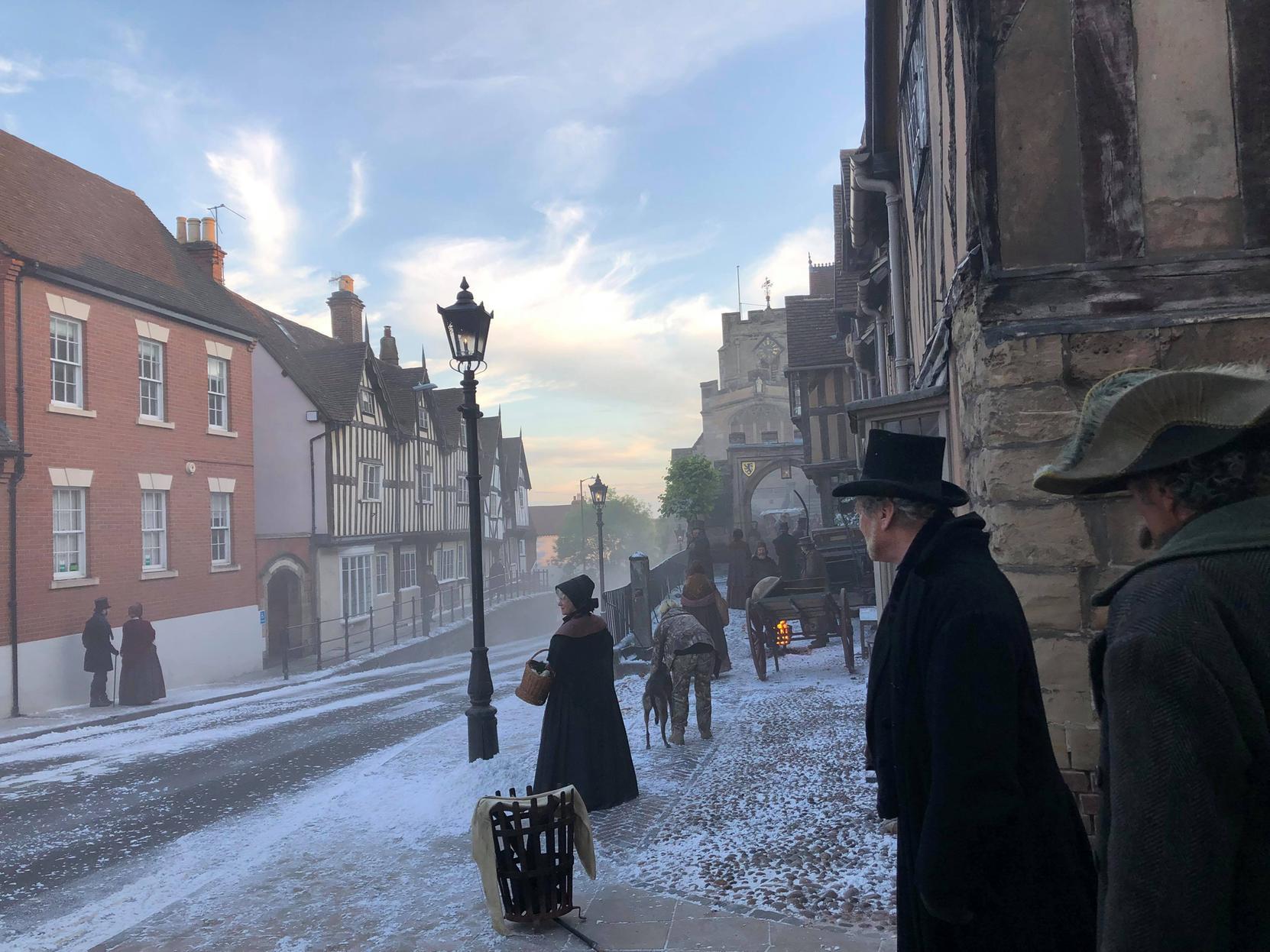 Warwick residents were greeted with the unusual site of snow in June - well, not real snow. The BBC film crews were at the Lord Leycester Hospital for the filming of 'A Christmas Carol'.