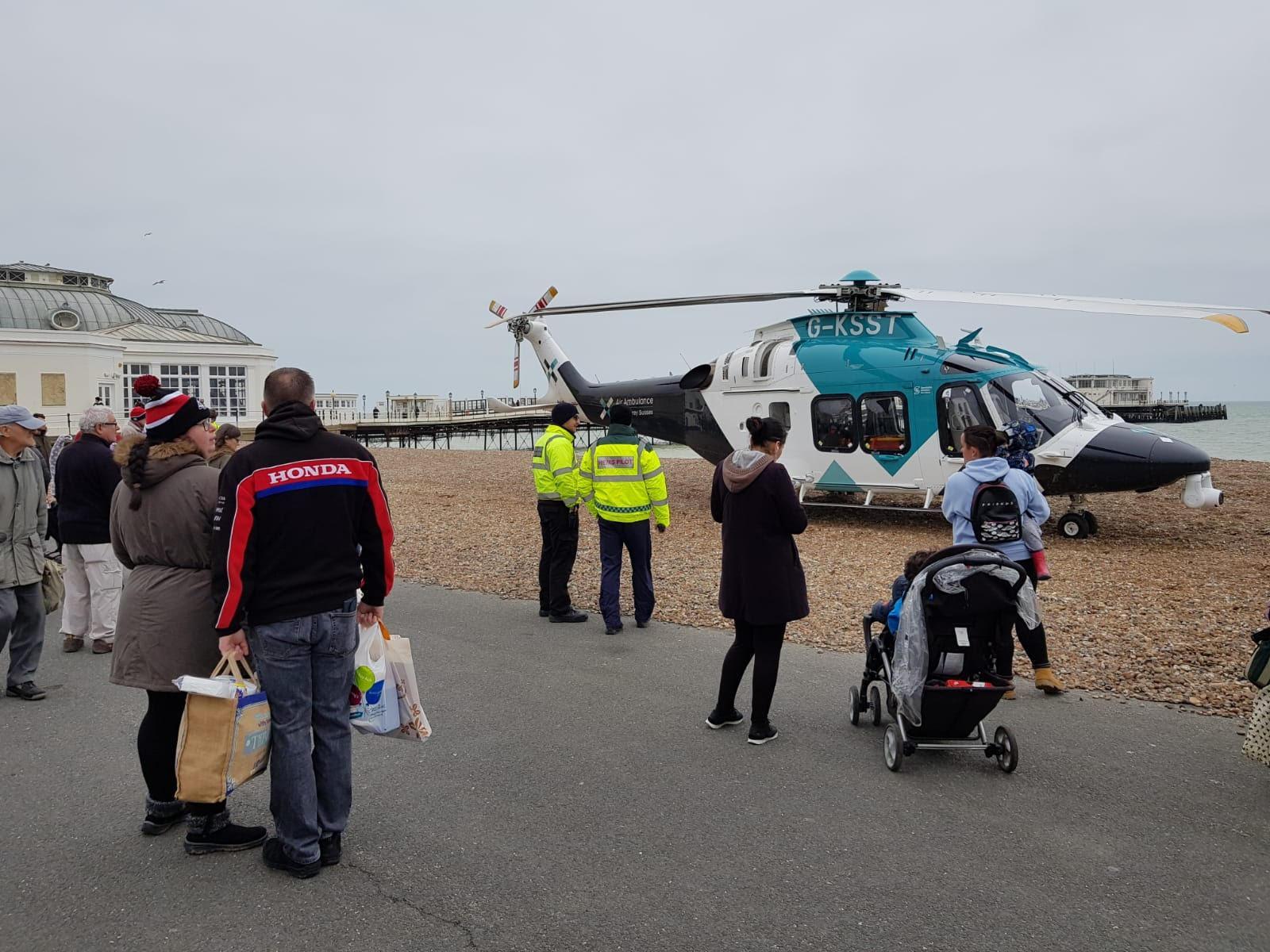 The air ambulance landed by Worthing Pier