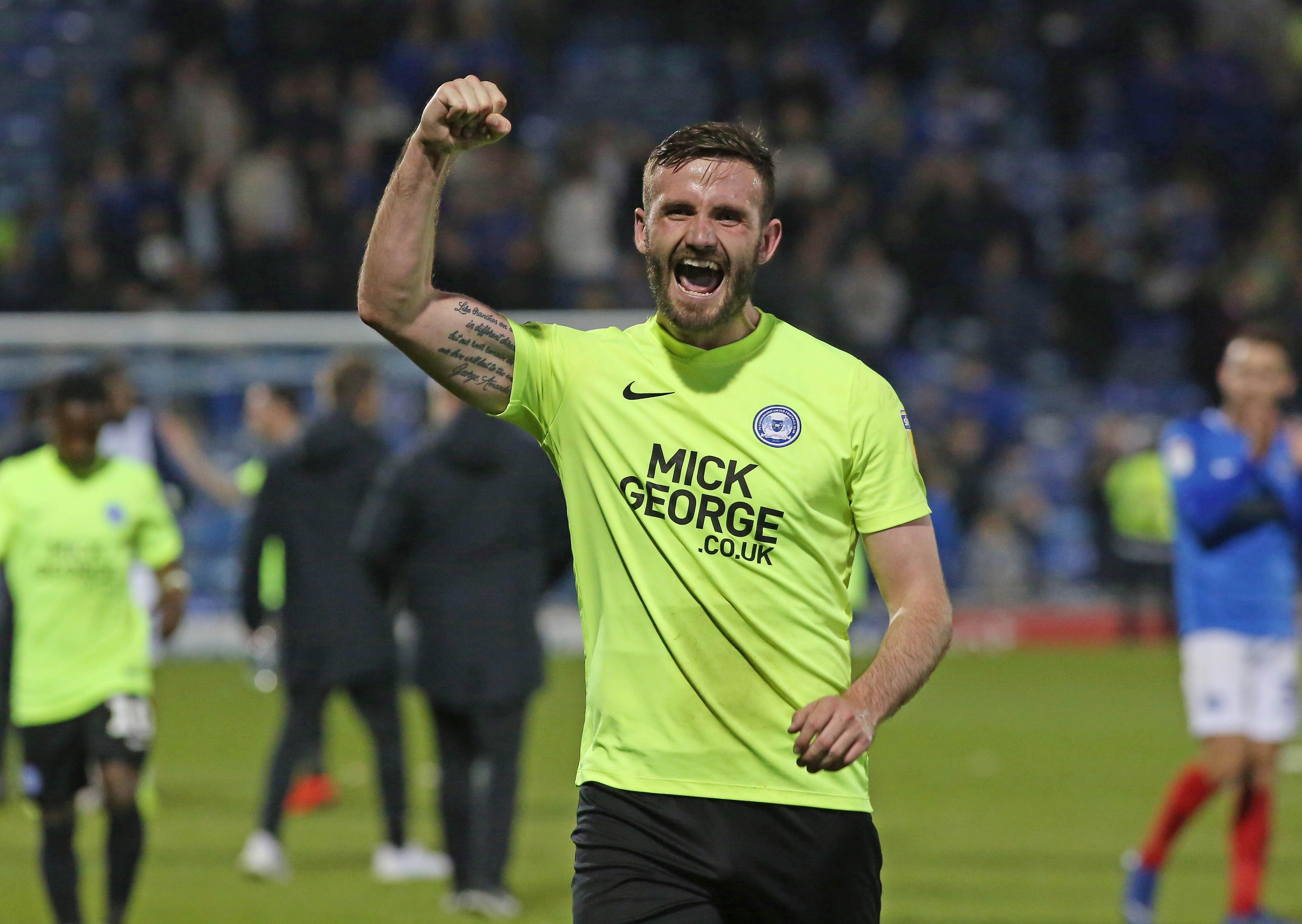 Posh full-back Jason Naismith celebrates a 3-2 success at Portsmouth in a must-win match for both sides late in April. It was a superb contest, the best Posh game of 2019.