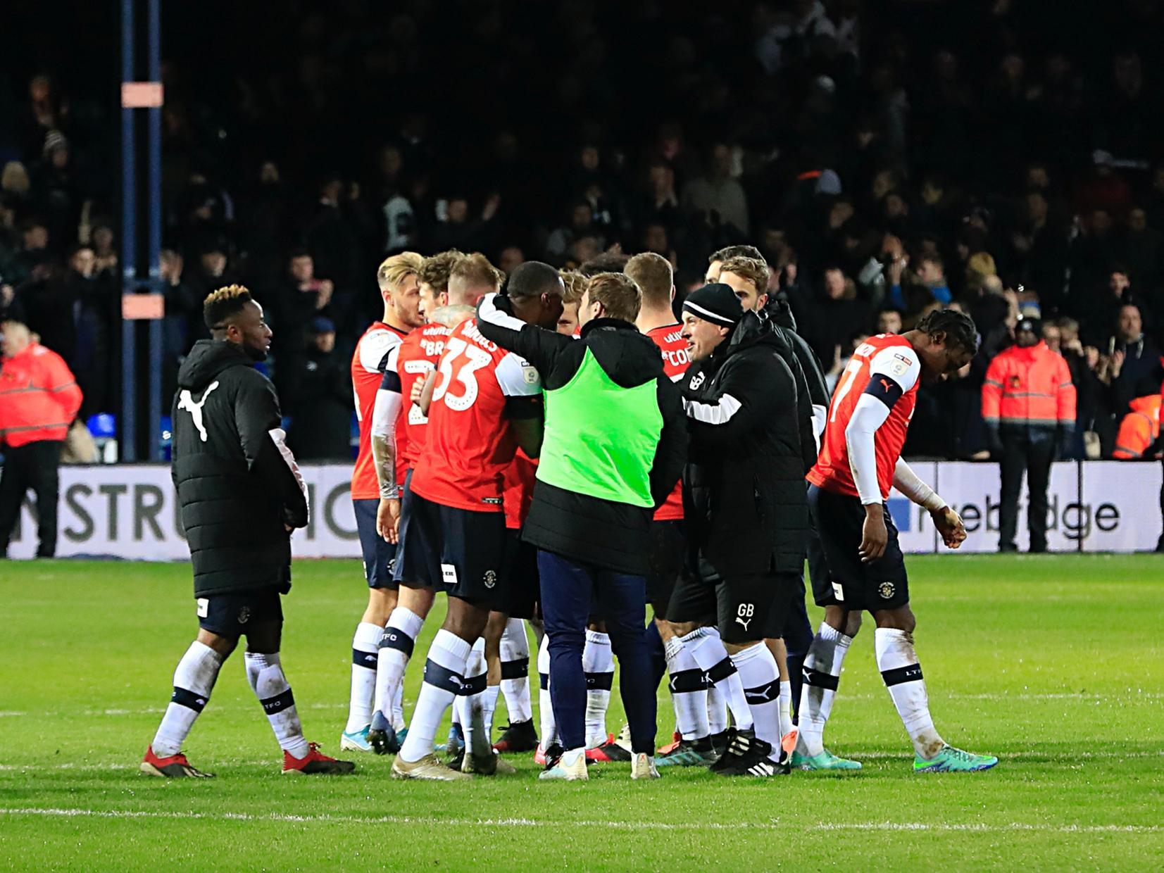 The Hatters celebrate beating Derby County 3-2 at Kenilworth Road last night