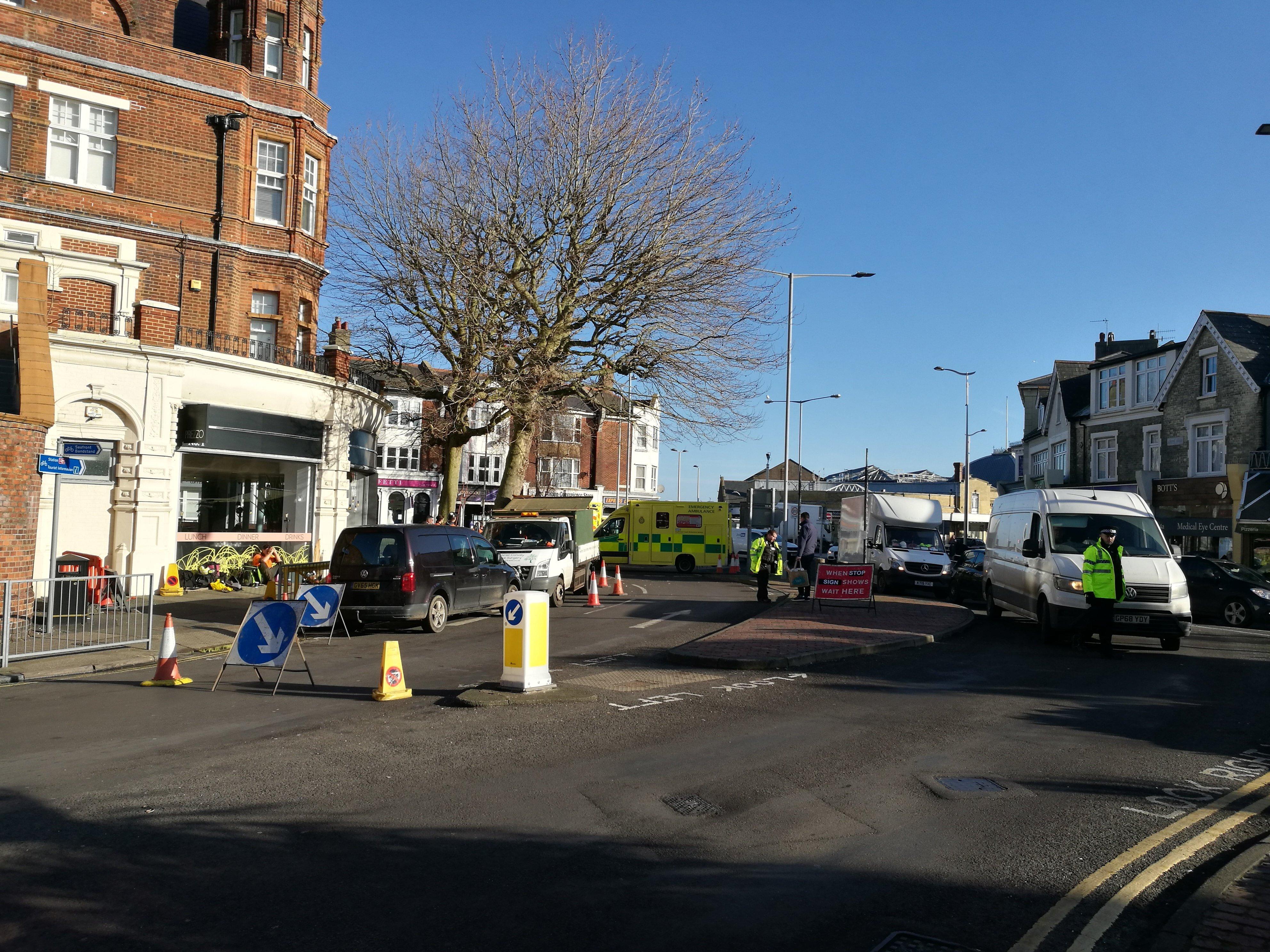 The scene of the accident where the man fell and has "potentially serious" head injuries and was taken to Royal Sussex County Hospital in Brighton