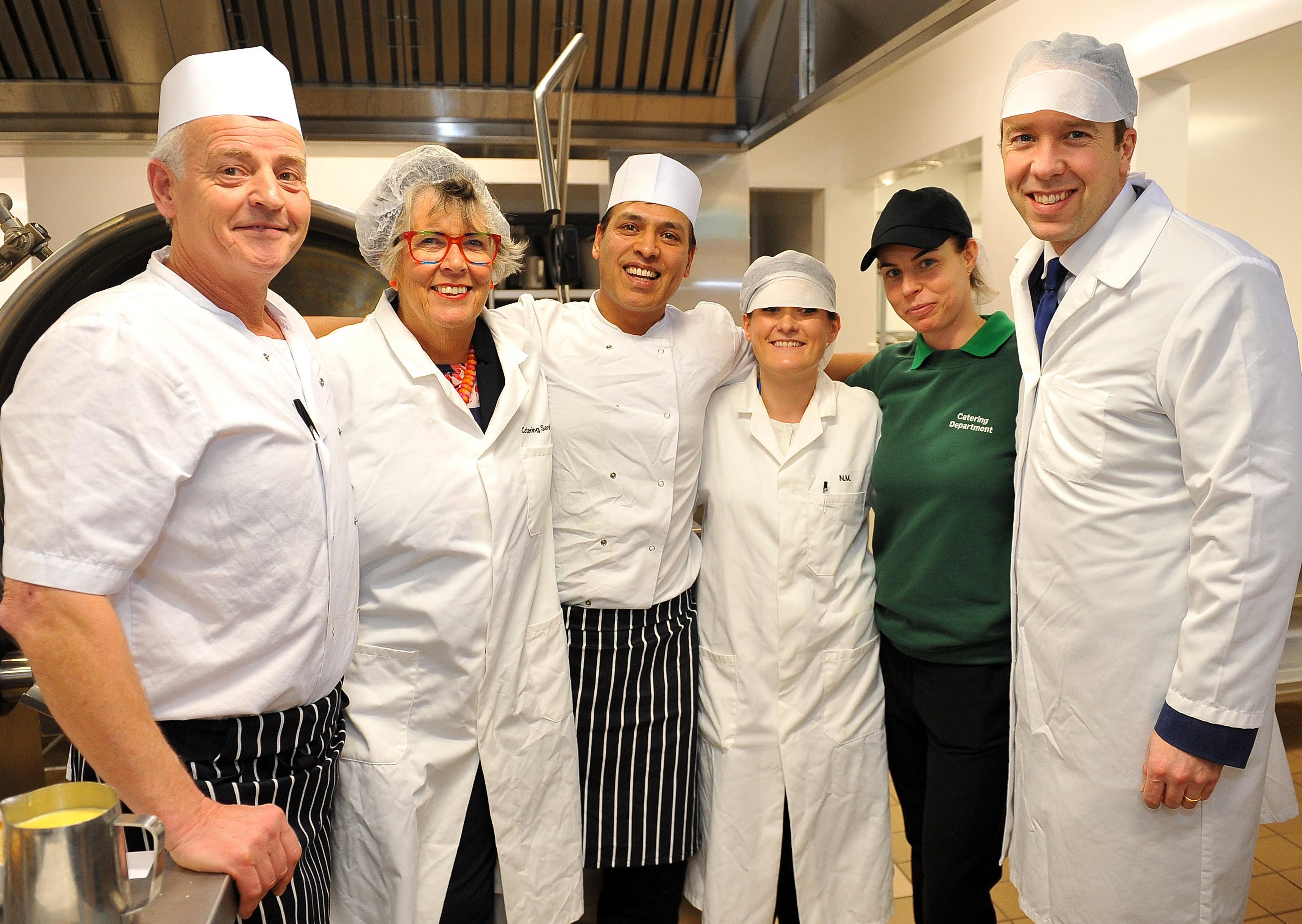 Secretary of State for Health and Social Care Matt Hancock MP and Prue Leith from Bakeoff officially opended St Richard's hospital new kitchen. Pic Steve Robards SR20013001With chefs Mark Davis and Avinash Masih and kitchen staff SUS-200130-144301001