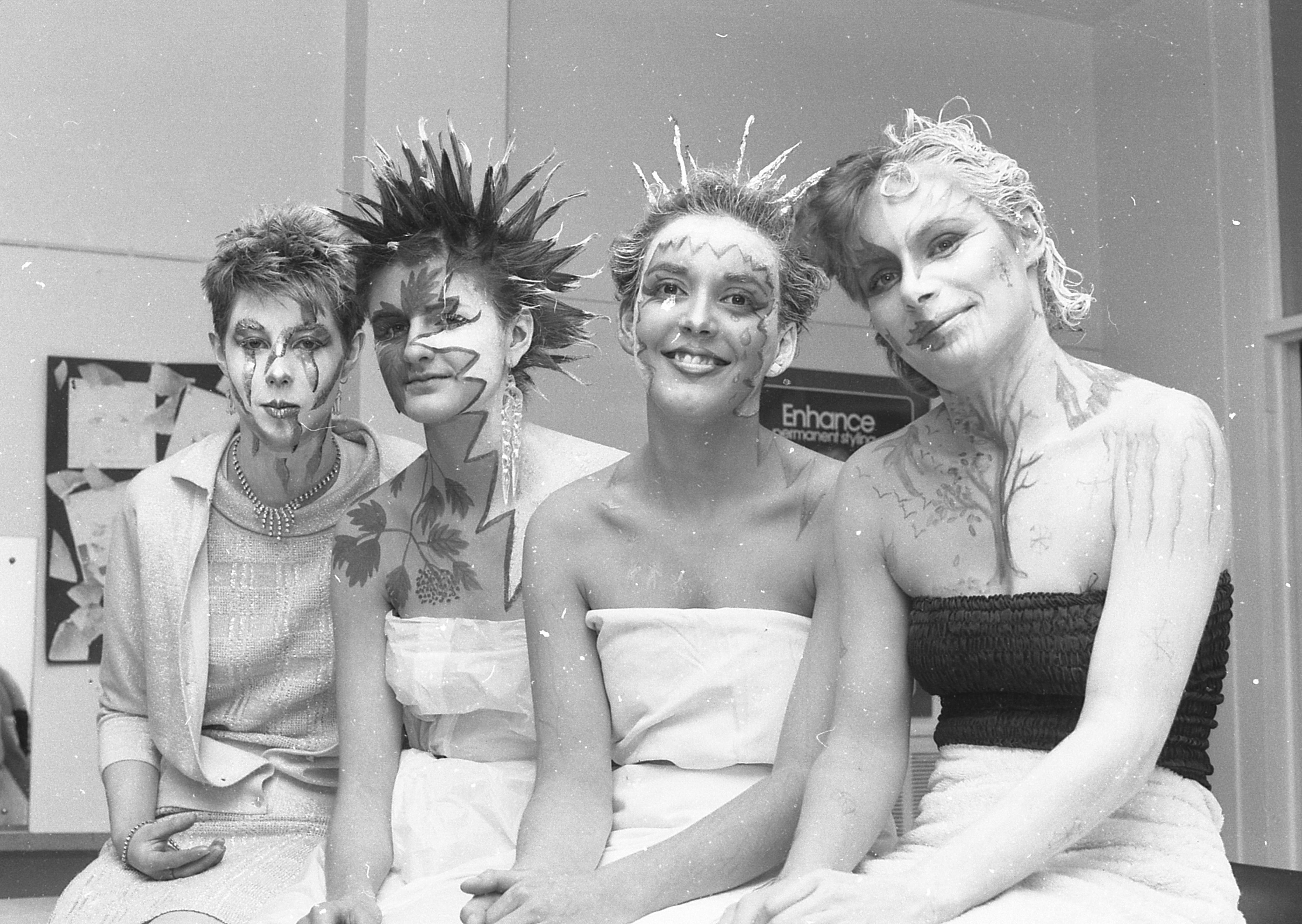 Boston College hairdressing department during a fantasy make-up competition in February 1985.