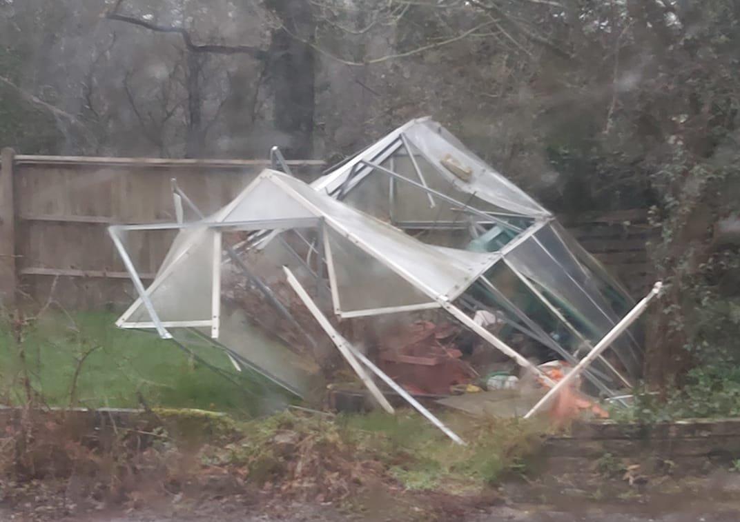 Elizabeth Hobbs' greenhouse did not survive Storm Dennis in Barns Green SUS-200216-143545001