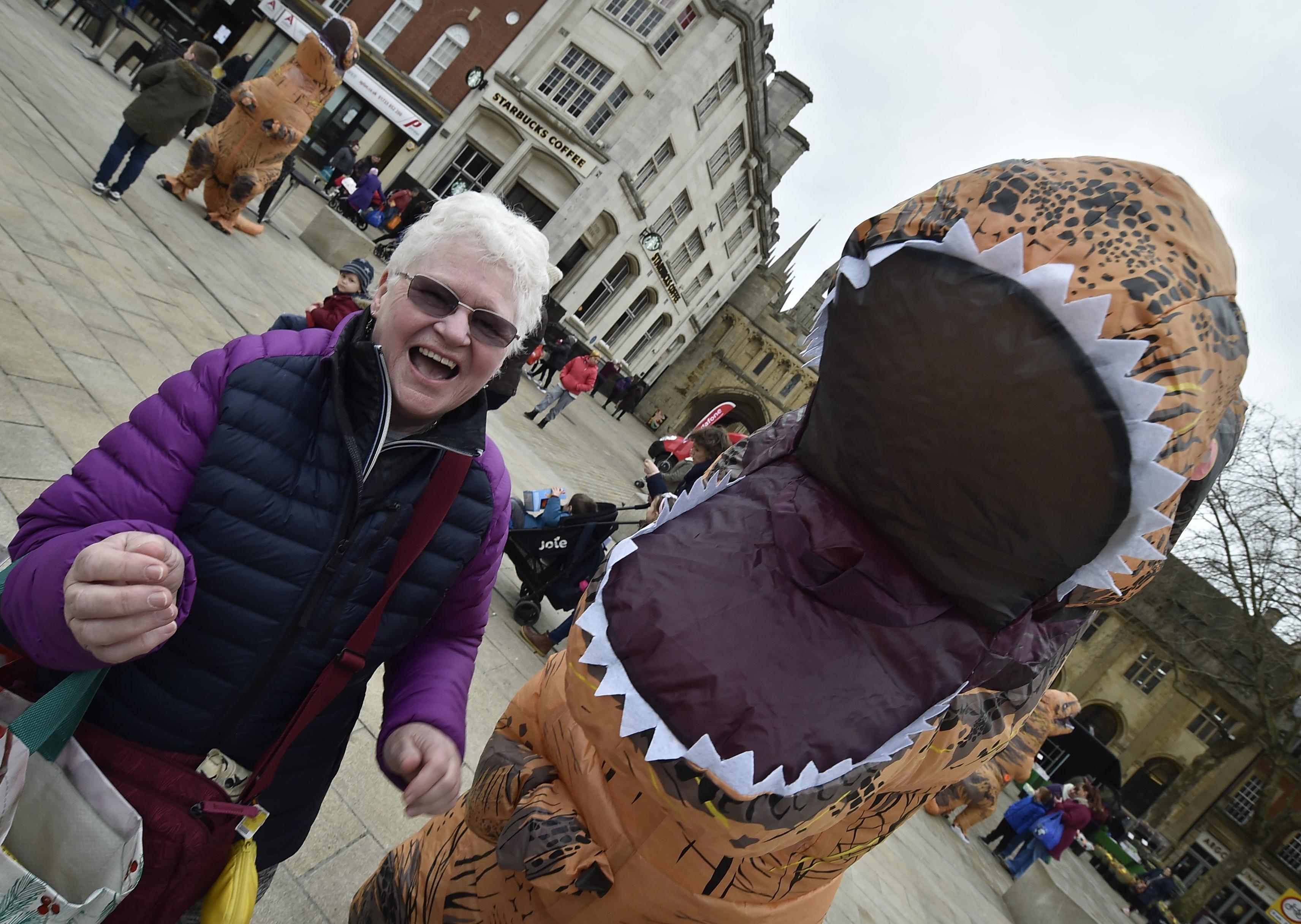 Jan Rogers meets one of the dinosaurs