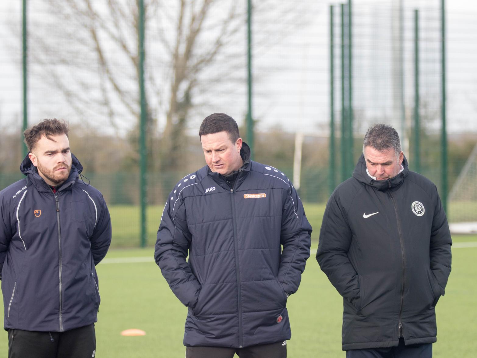 Coach Ben Marvin (left), manager Paul Cox (centre) and assistant-boss John Ramshaw ran the rule over their squad