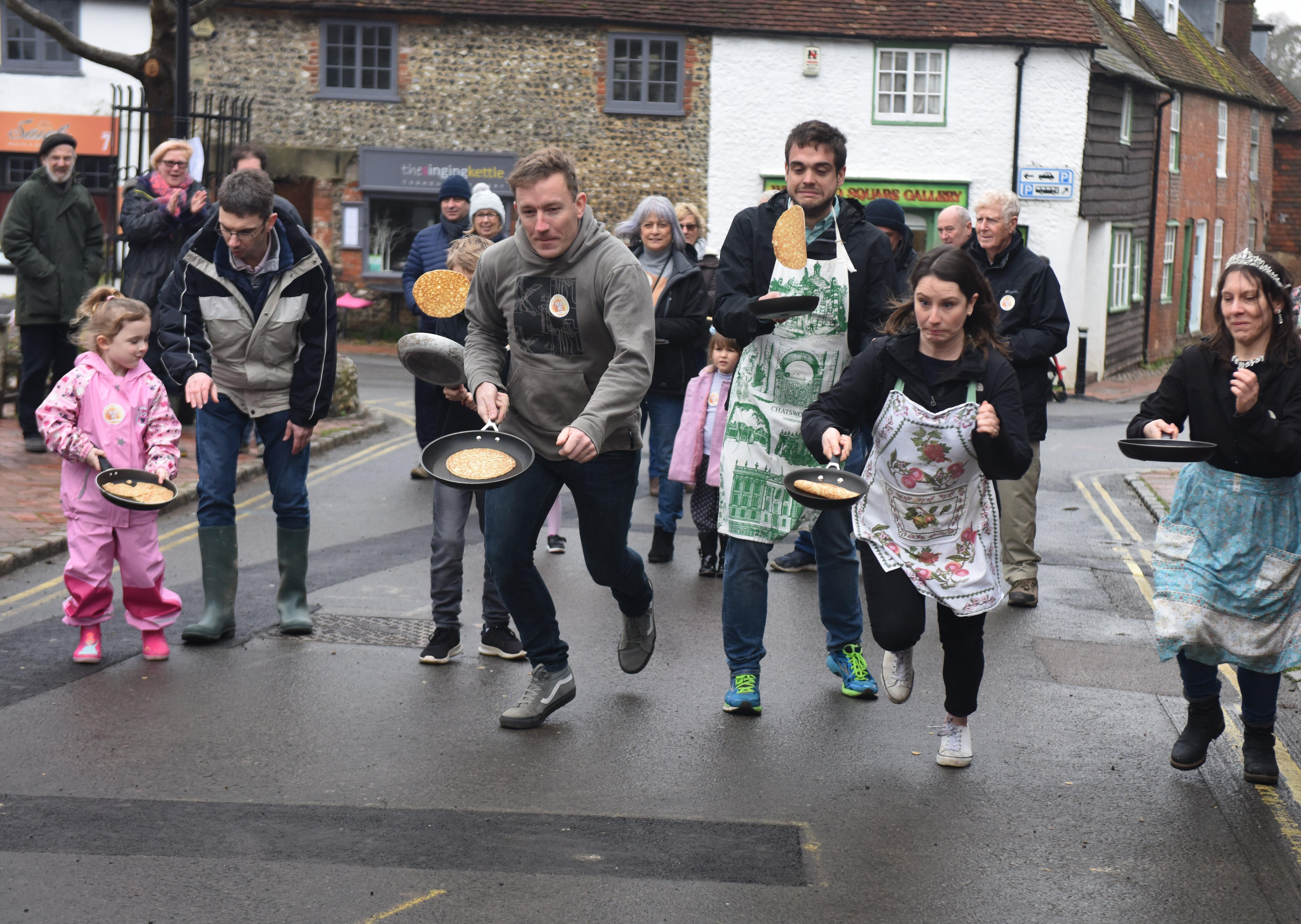 The first Great Alfriston Pancake Race. Photograph: Justin Lycett/ SUS-200223-142405001