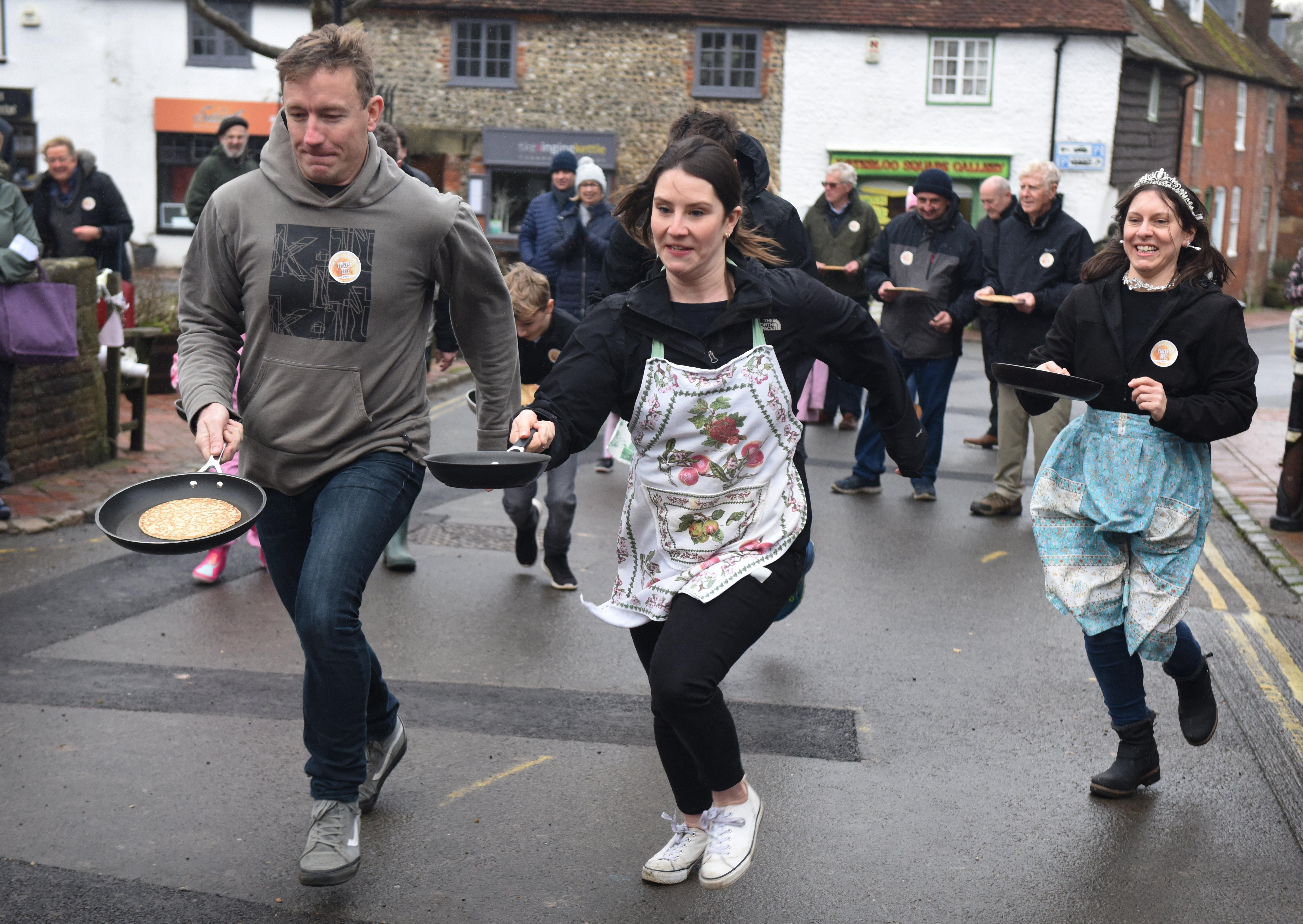 The first Great Alfriston Pancake Race. Photograph: Justin Lycett/ SUS-200223-142418001