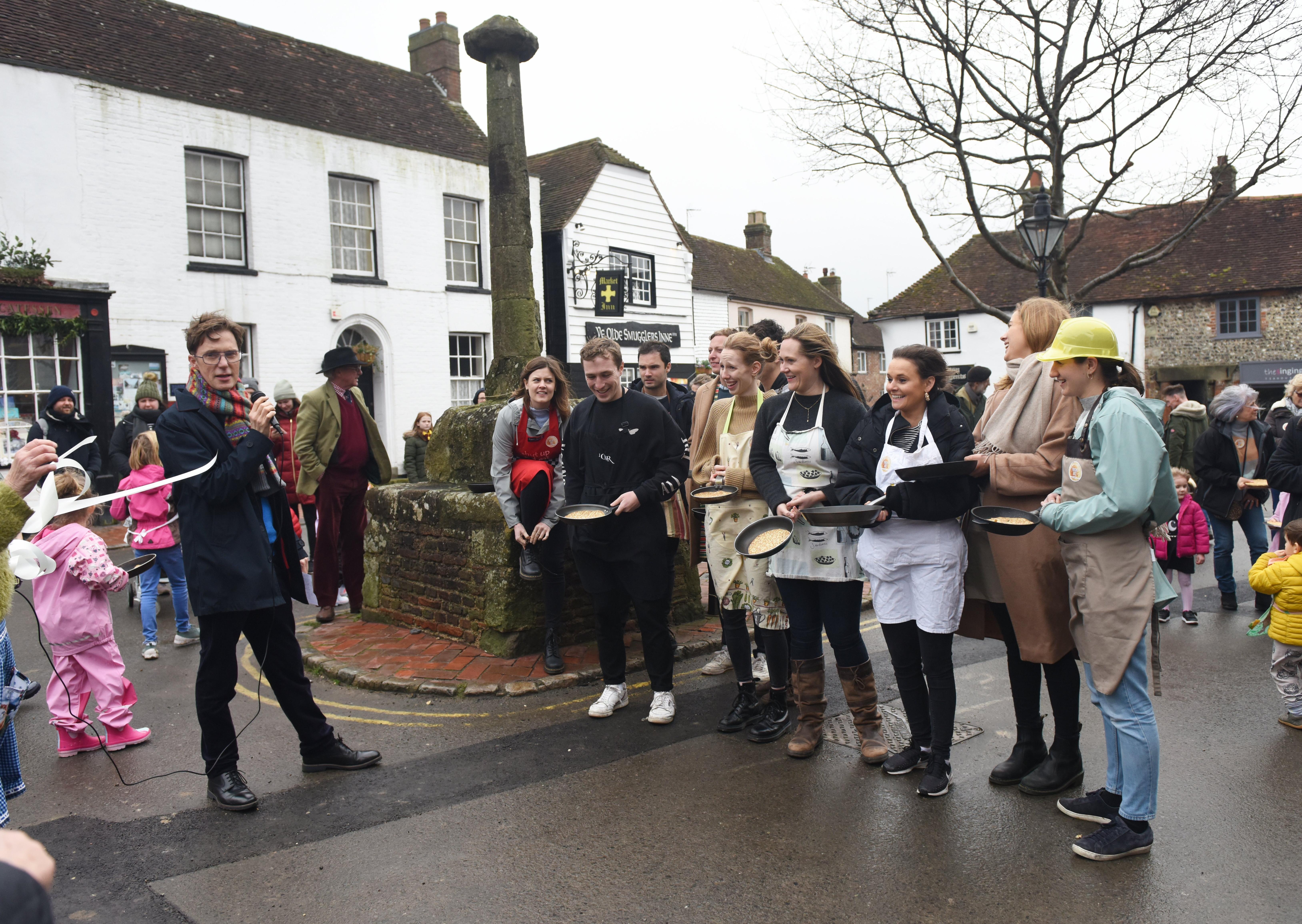 The first Great Alfriston Pancake Race. Photograph: Justin Lycett/ SUS-200223-142135001