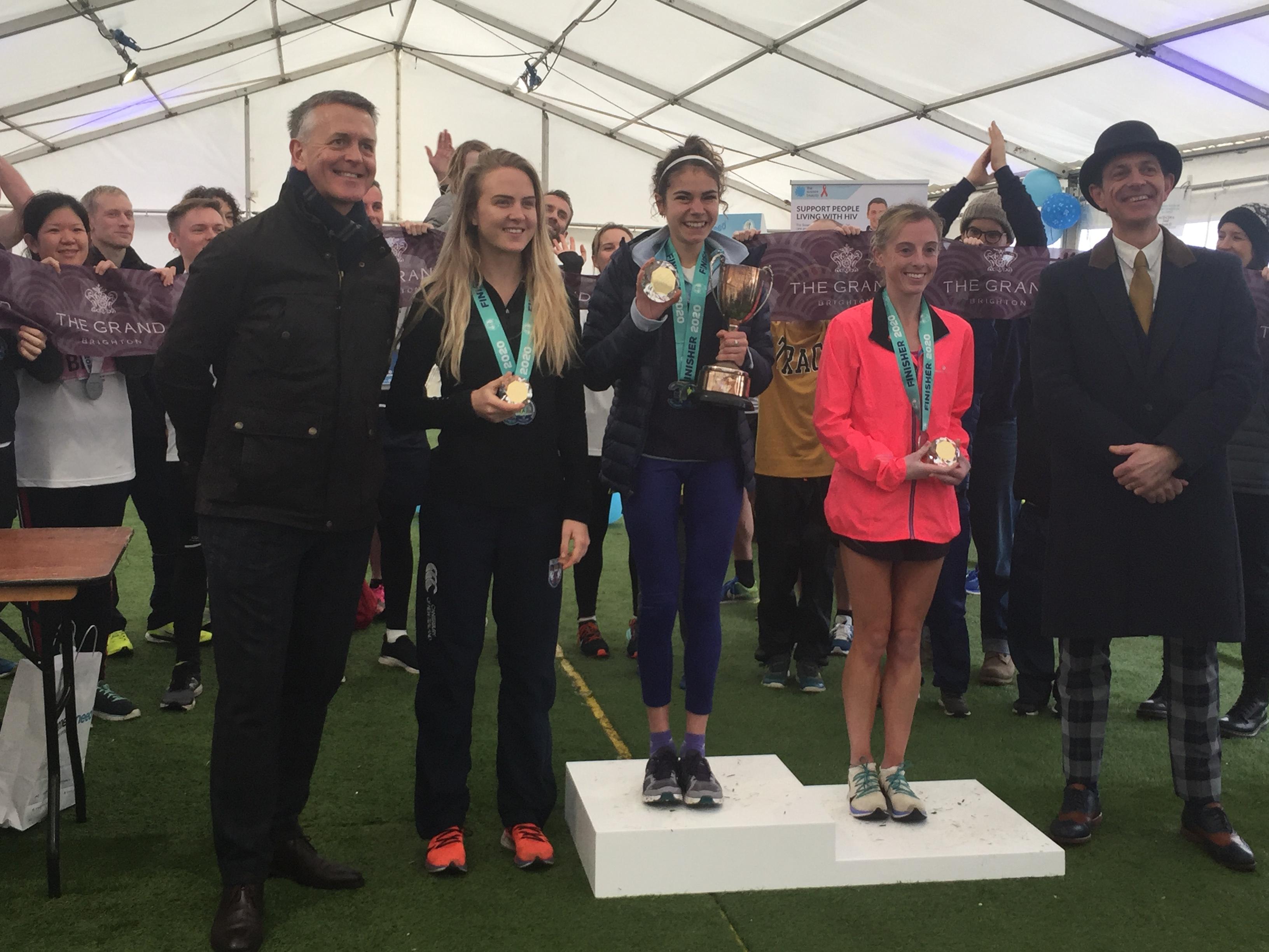 Left to right: general manager of The Grand, Andrew Mosley, women's race third place, Maisie Trafford, first place, Phillipa Williams, second place, Heather Noone