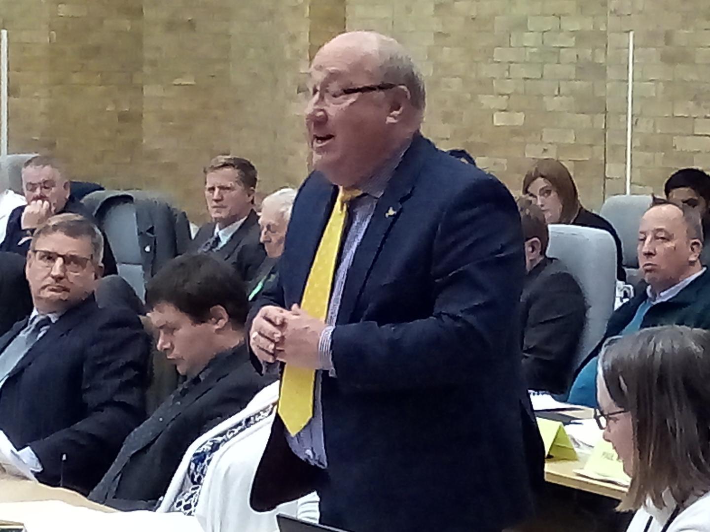 Lib Dem leader Douglas McCall (Newport Pagnell South) - pictured to the left in this picture - proposed amendments to Labours budget to include a wide range of community projects. They were all accepted by Cllr Marland.
Pictured standing is Lib Dem budget guru Cllr Robin Bradburn (Bradwell ward).