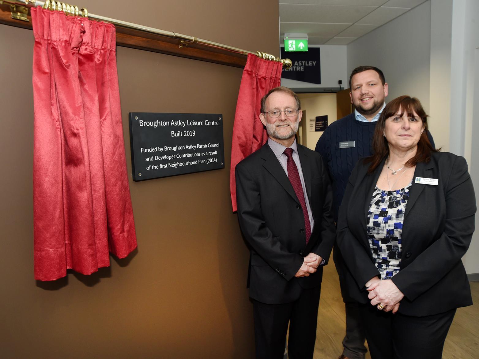 From left, Councillor Clive Grafton-Reed after opening Broughton Astley Leisure Centre with Alex Godfrey operations director and Bebbie Barber parish manager.