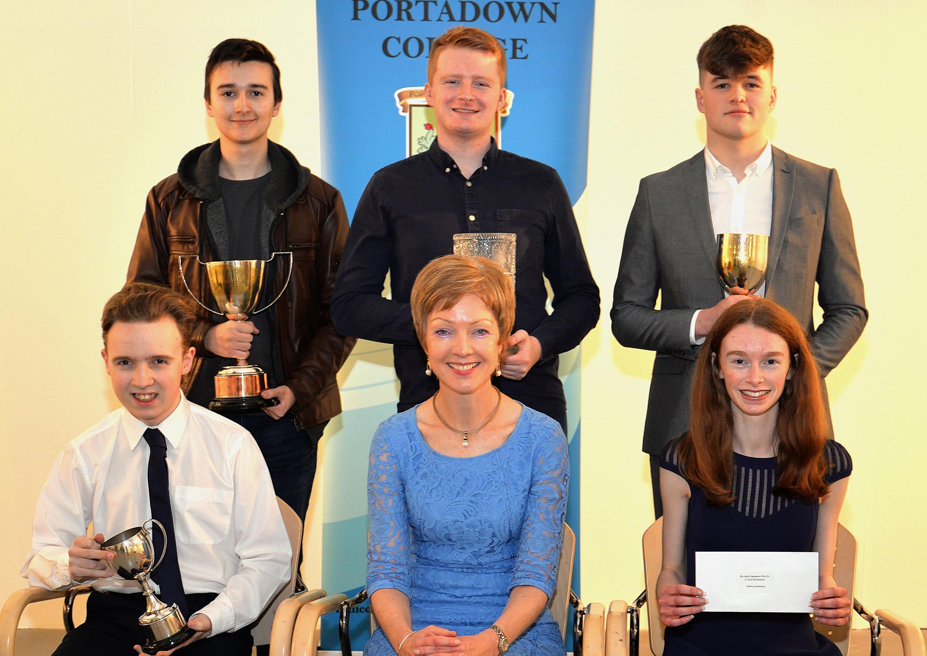 Vice principal, Miss Gillian Gibb pictured with 'A' level subject prize winners including back row from left, Zach Cairns, Technology, Timothy Hunter, Computing, and David May, Physics. Front from left, Nye Crozier, Politics, and Sabrina Greenaway, English and Maths. INPT44-220.