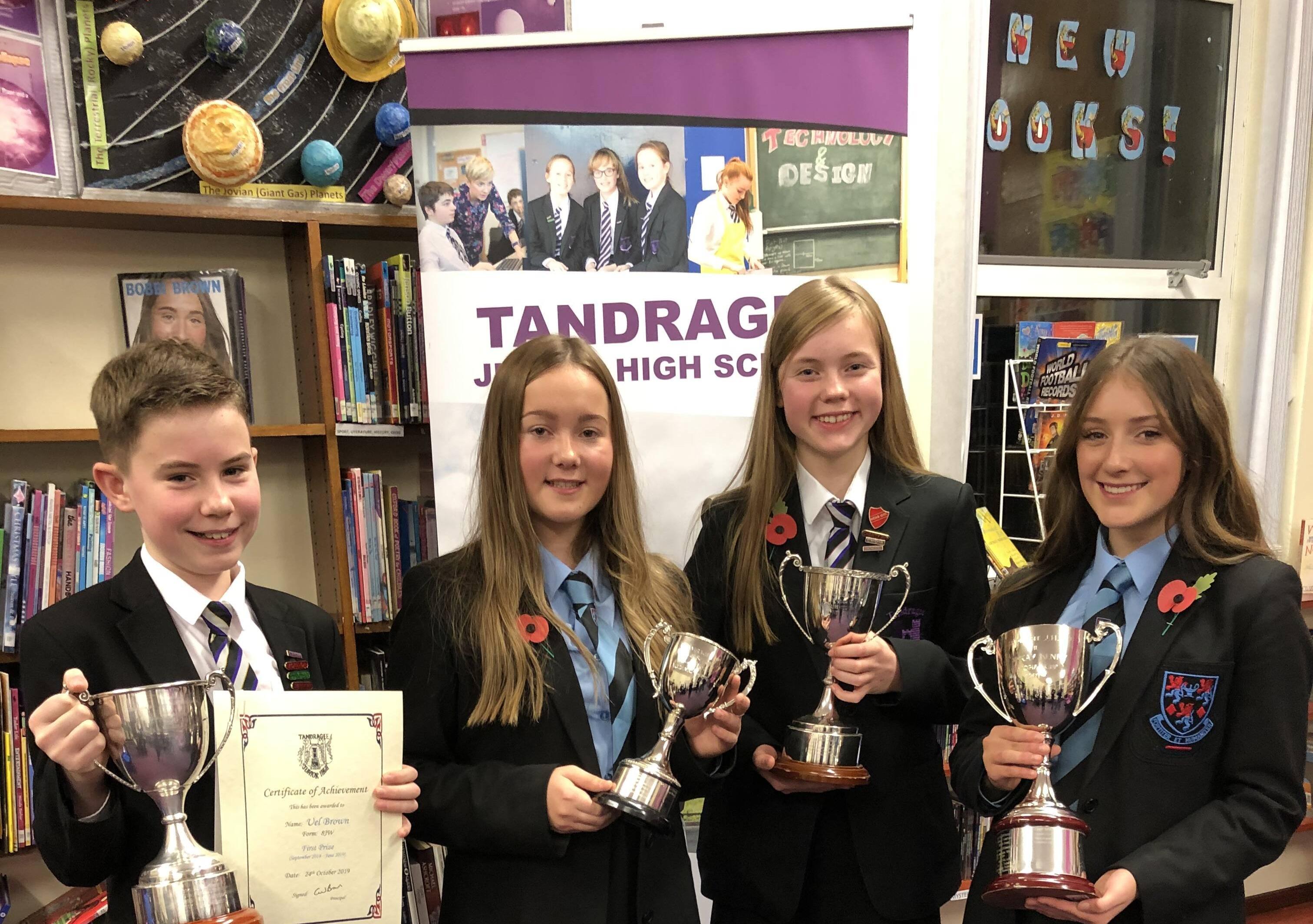 Receiving Awards for Academic Achievement and Excellence at the Tandragee Junior High School prize night are  Uel Brown, Ella Duke, Rachel Spence and Charlotte Eagle